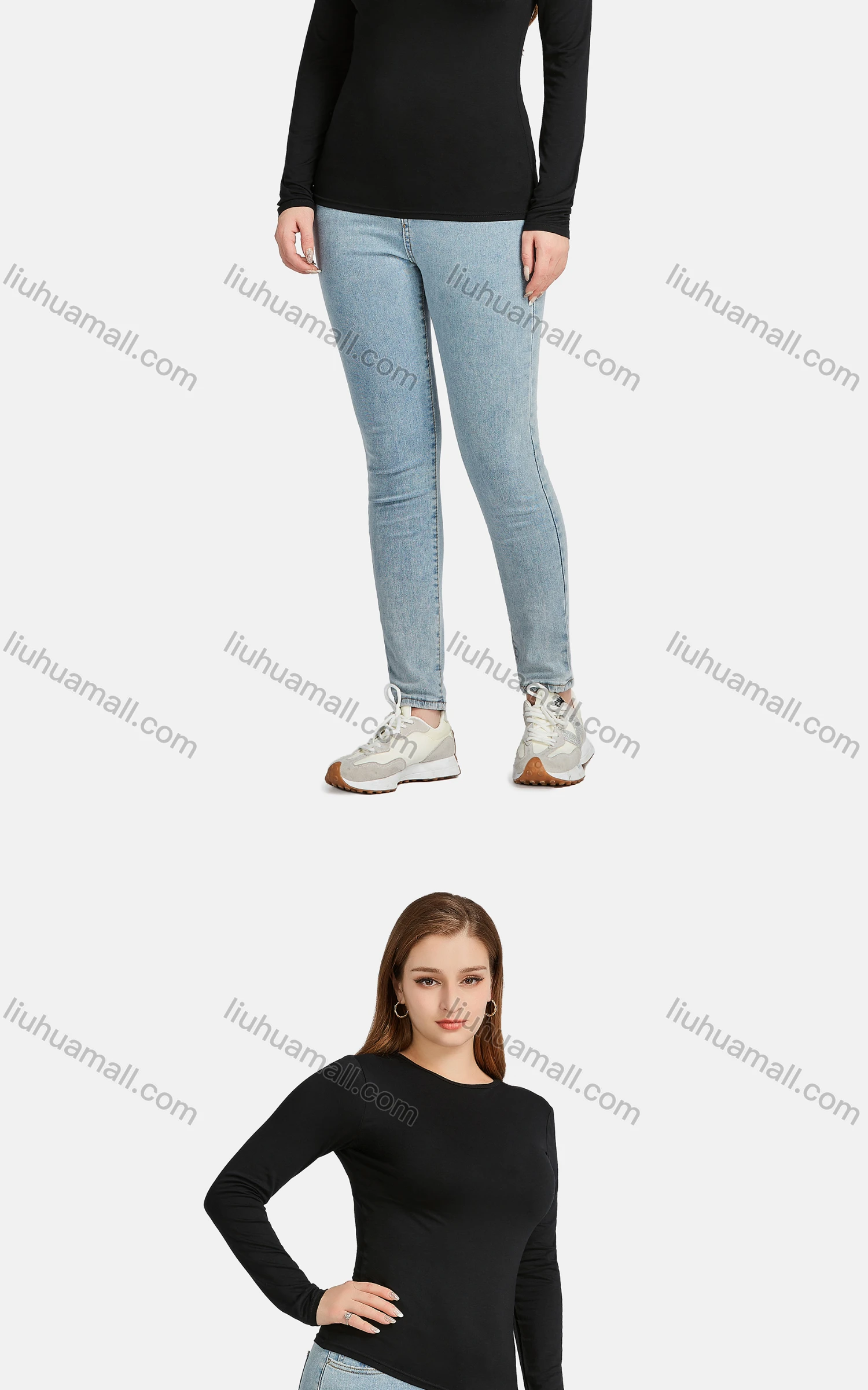 Wholesale Women's Casual Plain Crew Neck Long Sleeve Slim Fit Tee - Liuhuamall