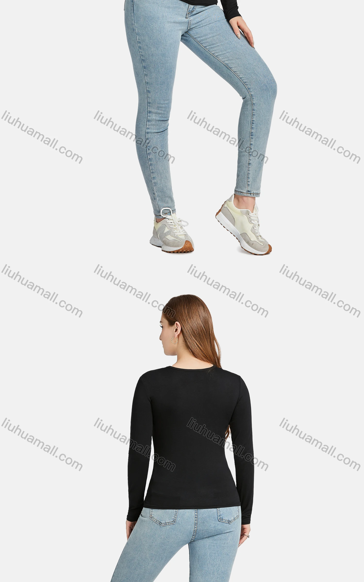 Wholesale Women's Casual Plain Crew Neck Long Sleeve Slim Fit Tee - Liuhuamall