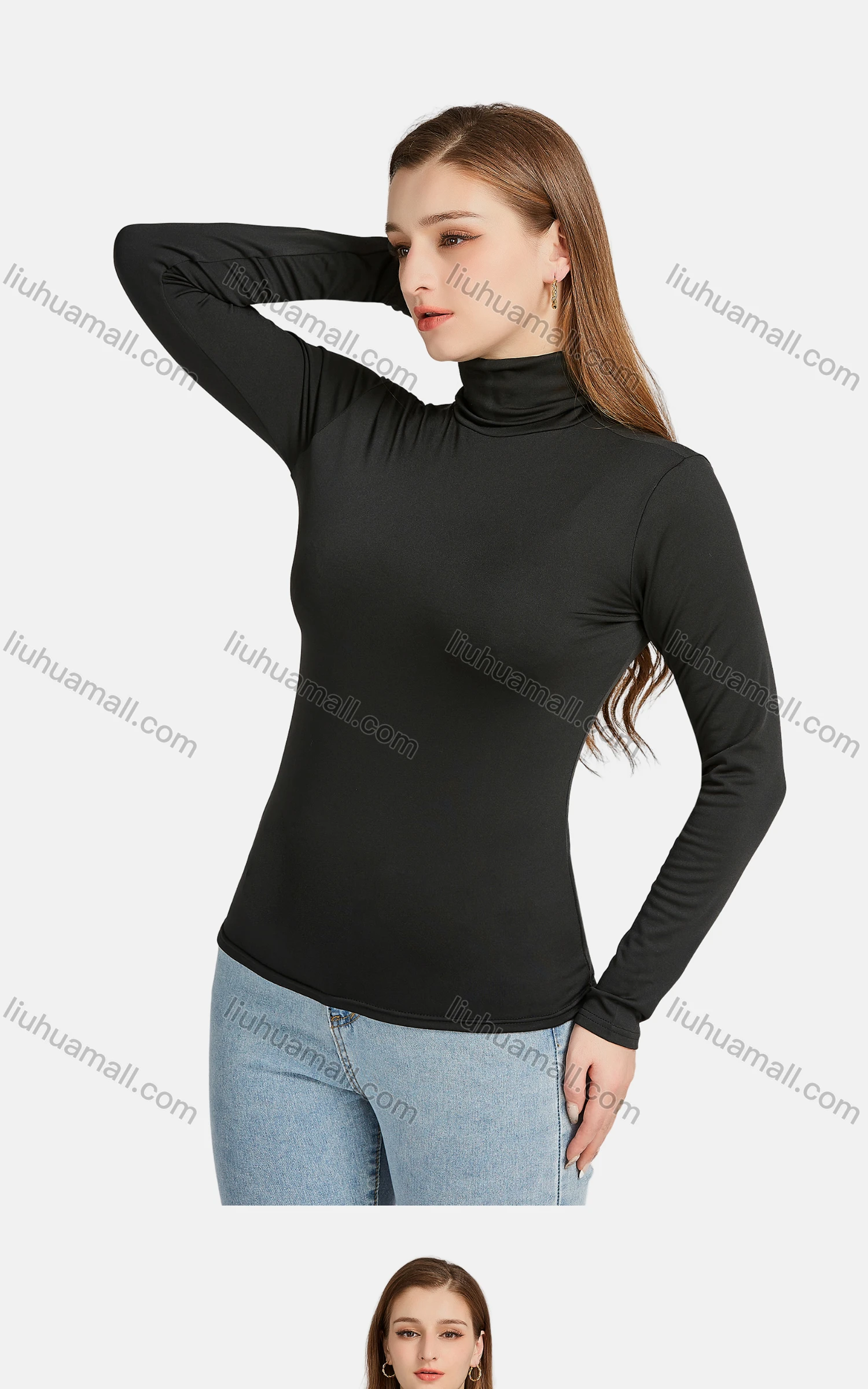 Wholesale Women's Casual Plain High Neck Long Sleeve Slim Fit Tee - Liuhuamall