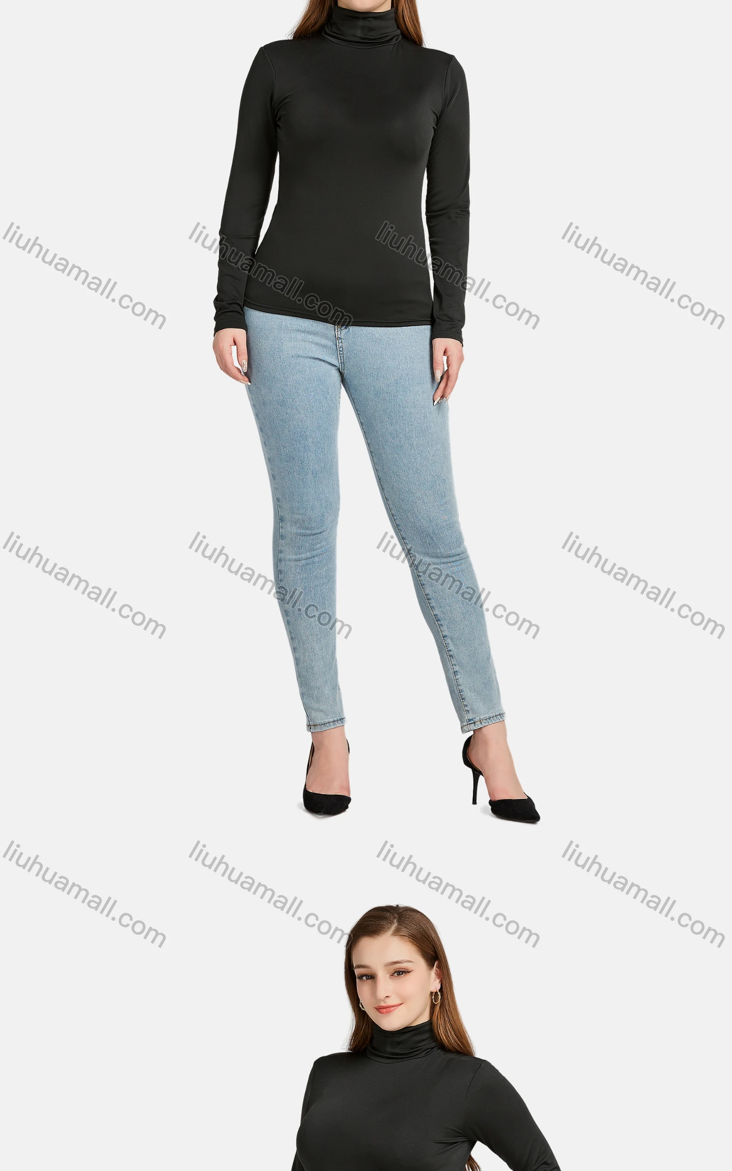 Wholesale Women's Casual Plain High Neck Long Sleeve Slim Fit Tee - Liuhuamall