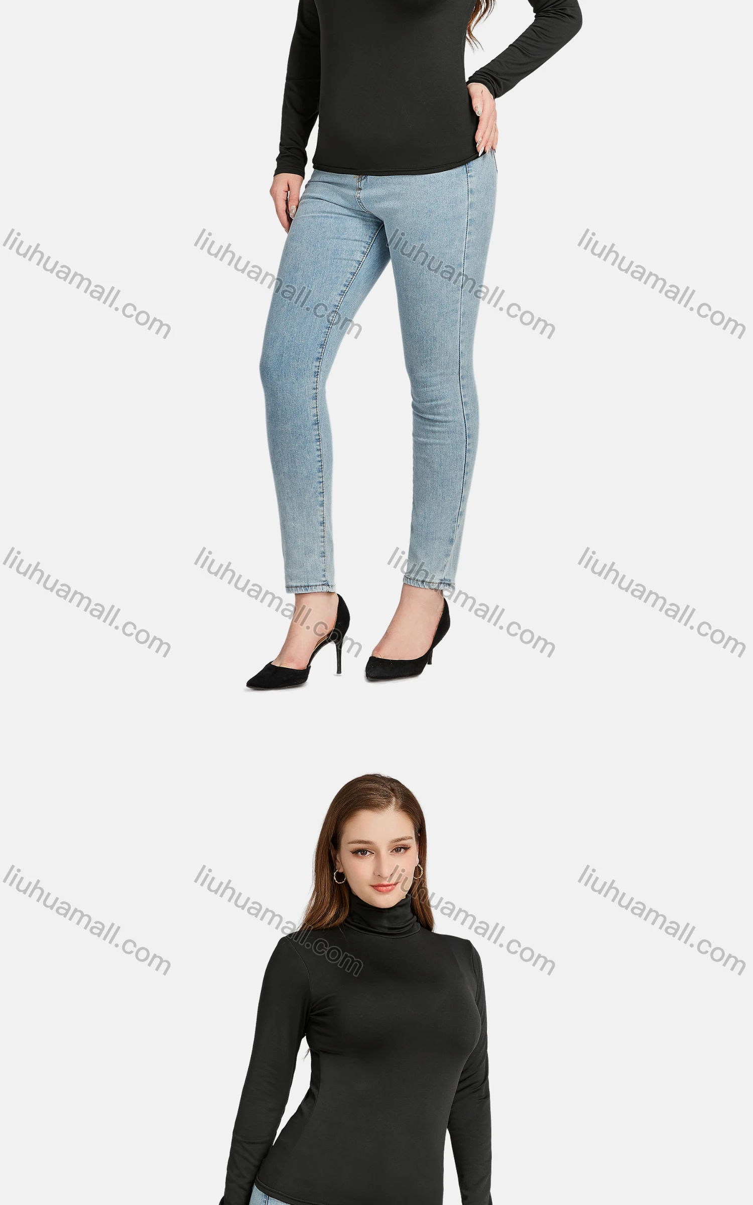 Wholesale Women's Casual Plain High Neck Long Sleeve Slim Fit Tee - Liuhuamall