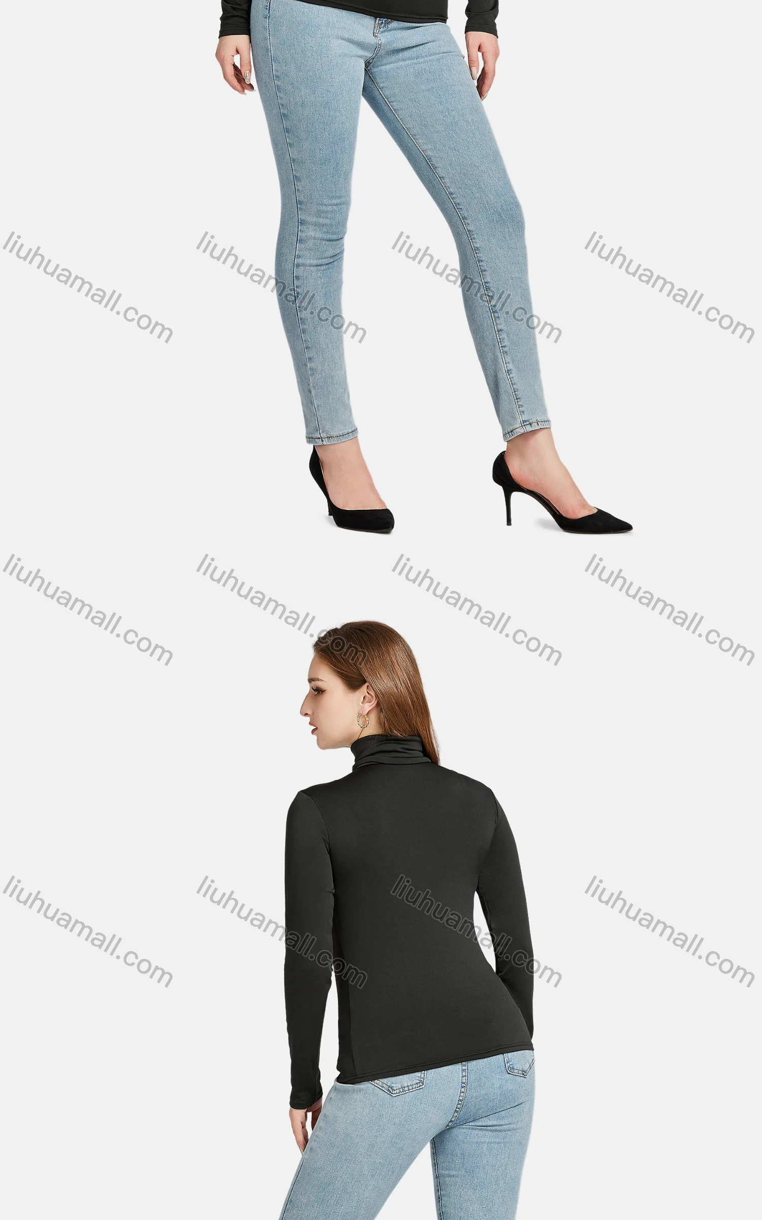 Wholesale Women's Casual Plain High Neck Long Sleeve Slim Fit Tee - Liuhuamall
