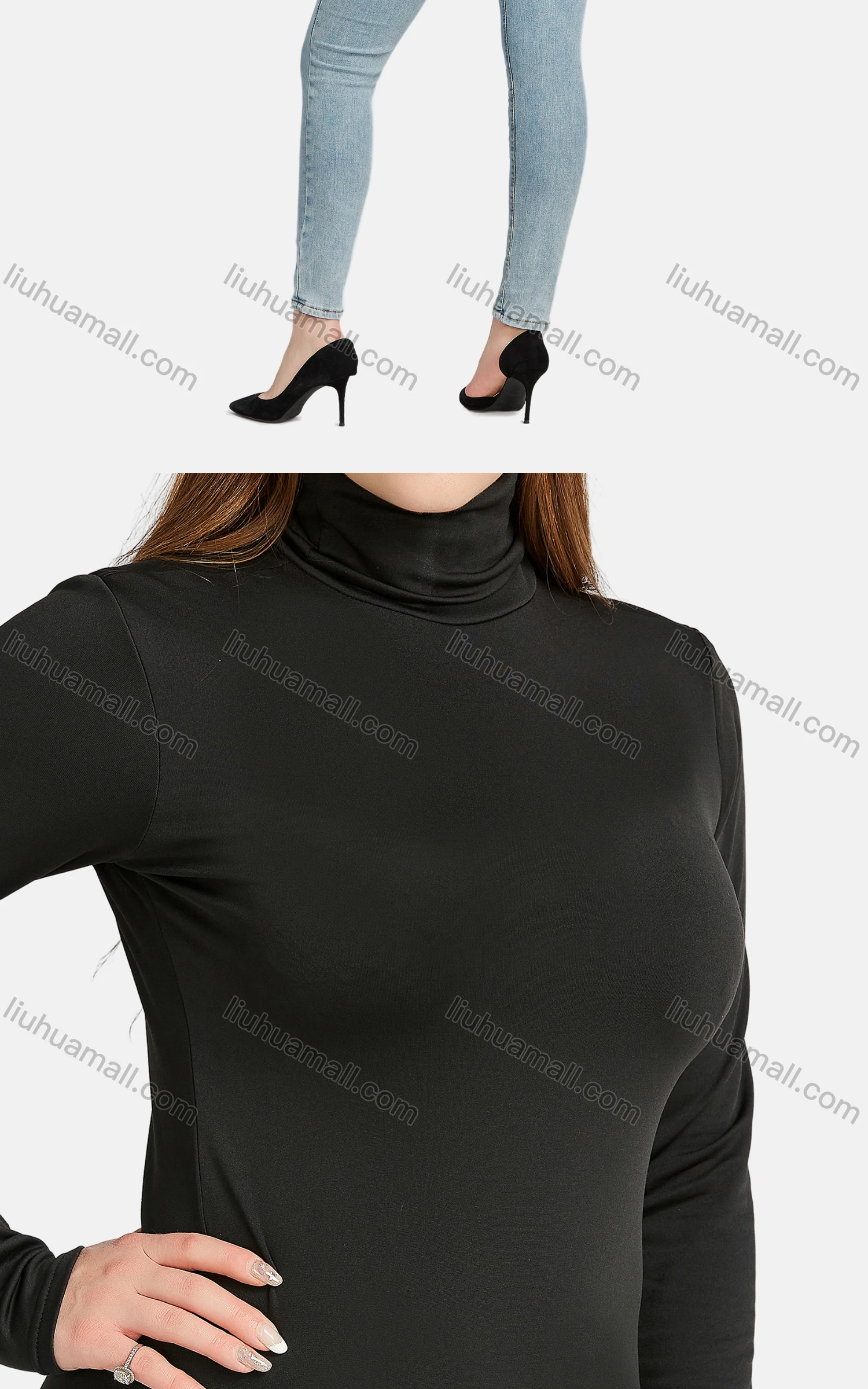 Wholesale Women's Casual Plain High Neck Long Sleeve Slim Fit Tee - Liuhuamall