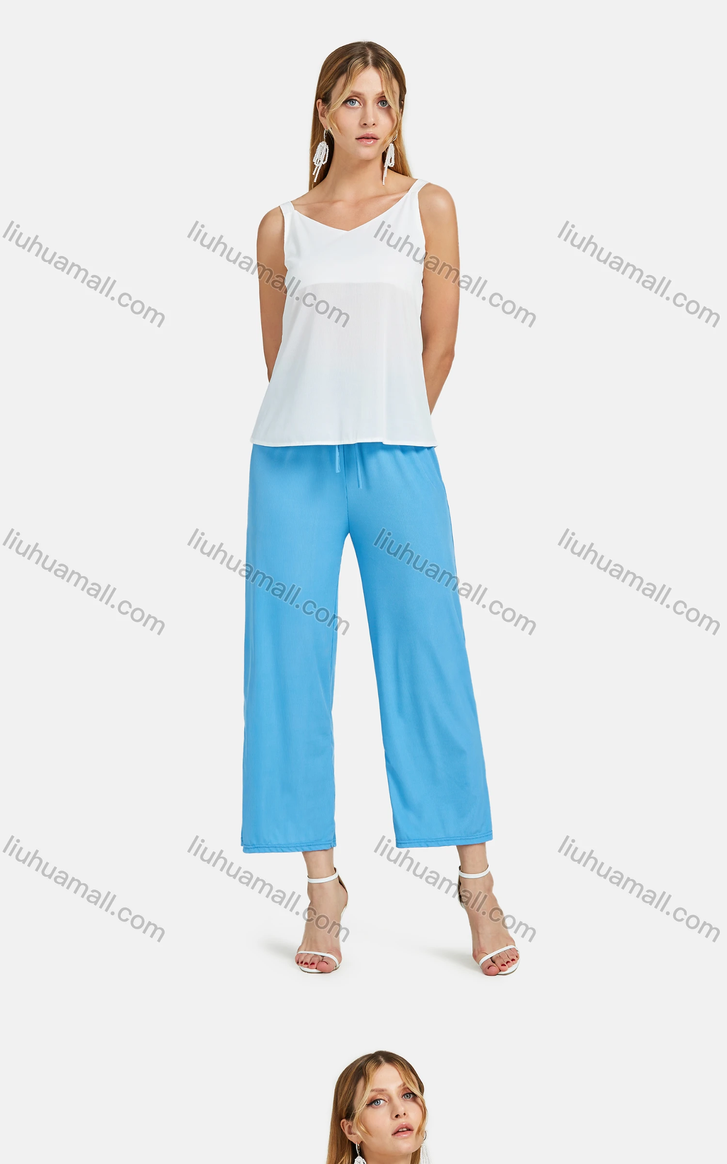 Wholesale Women's Casual Plain V Neck Cami Top & Drawstring Pants 2-piece Set - Liuhuamall