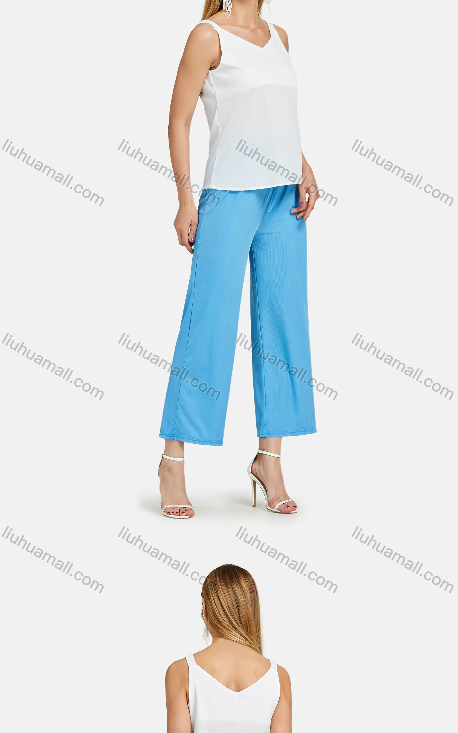 Wholesale Women's Casual Plain V Neck Cami Top & Drawstring Pants 2-piece Set - Liuhuamall