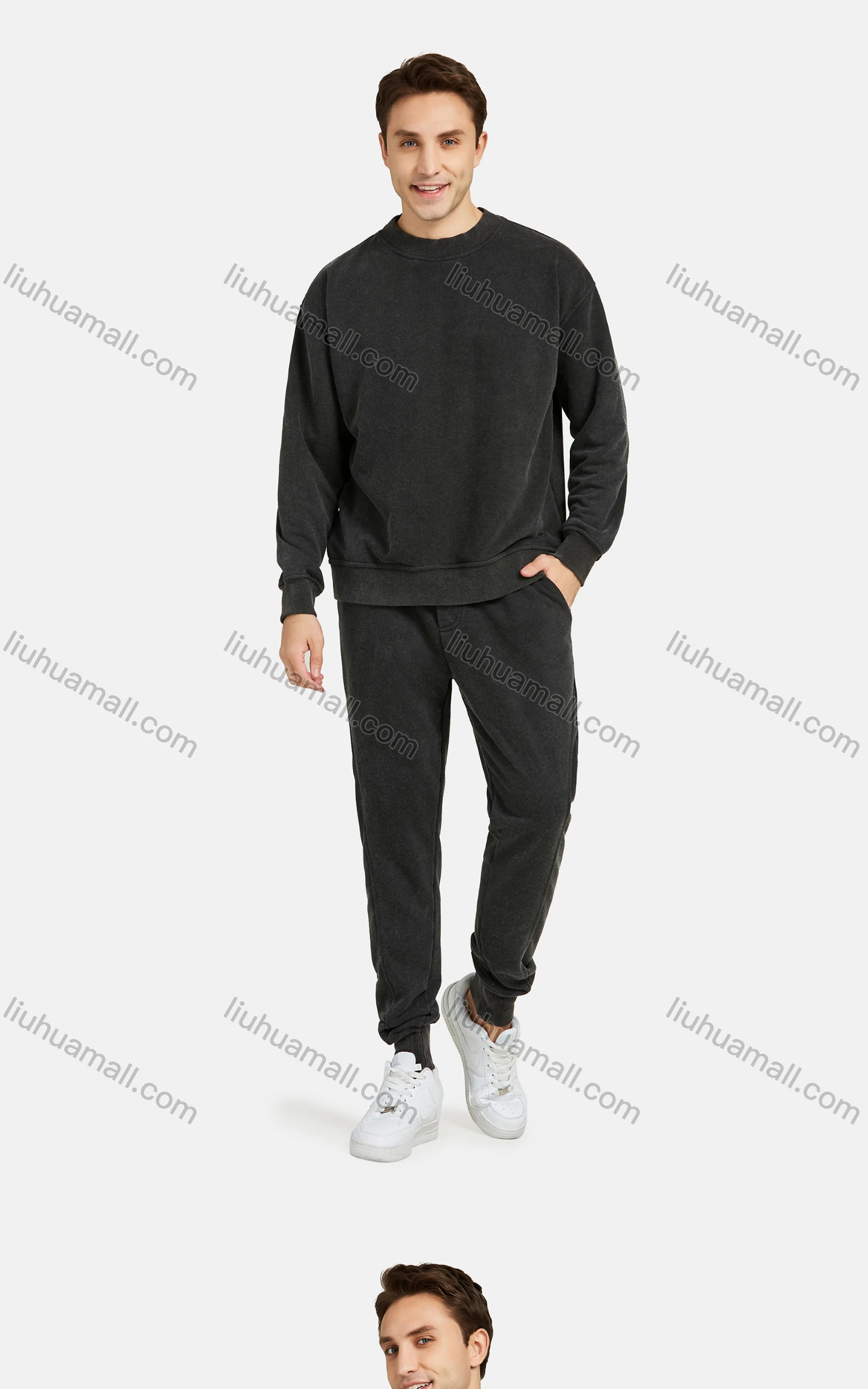 Wholesale Men's Casual Plain Crew Neck Long Sleeve Sweatshirt & Sweatpants 2-piece Set - Liuhuamall