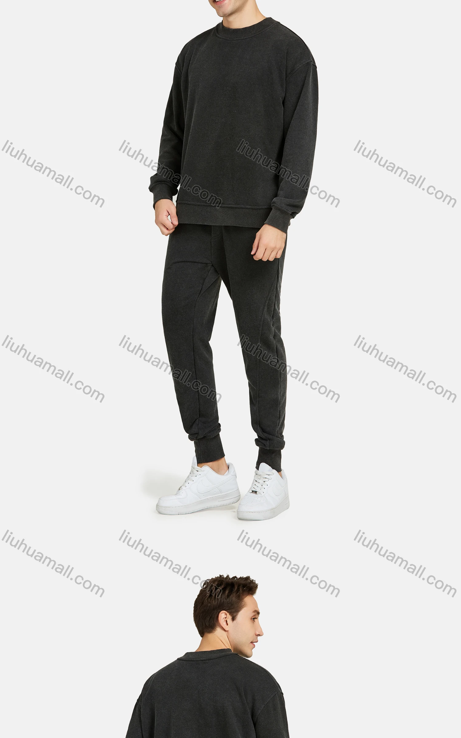 Wholesale Men's Casual Plain Crew Neck Long Sleeve Sweatshirt & Sweatpants 2-piece Set - Liuhuamall