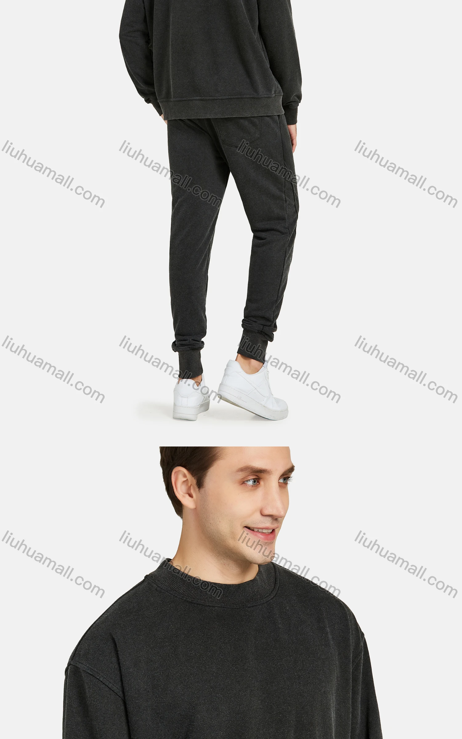 Wholesale Men's Casual Plain Crew Neck Long Sleeve Sweatshirt & Sweatpants 2-piece Set - Liuhuamall