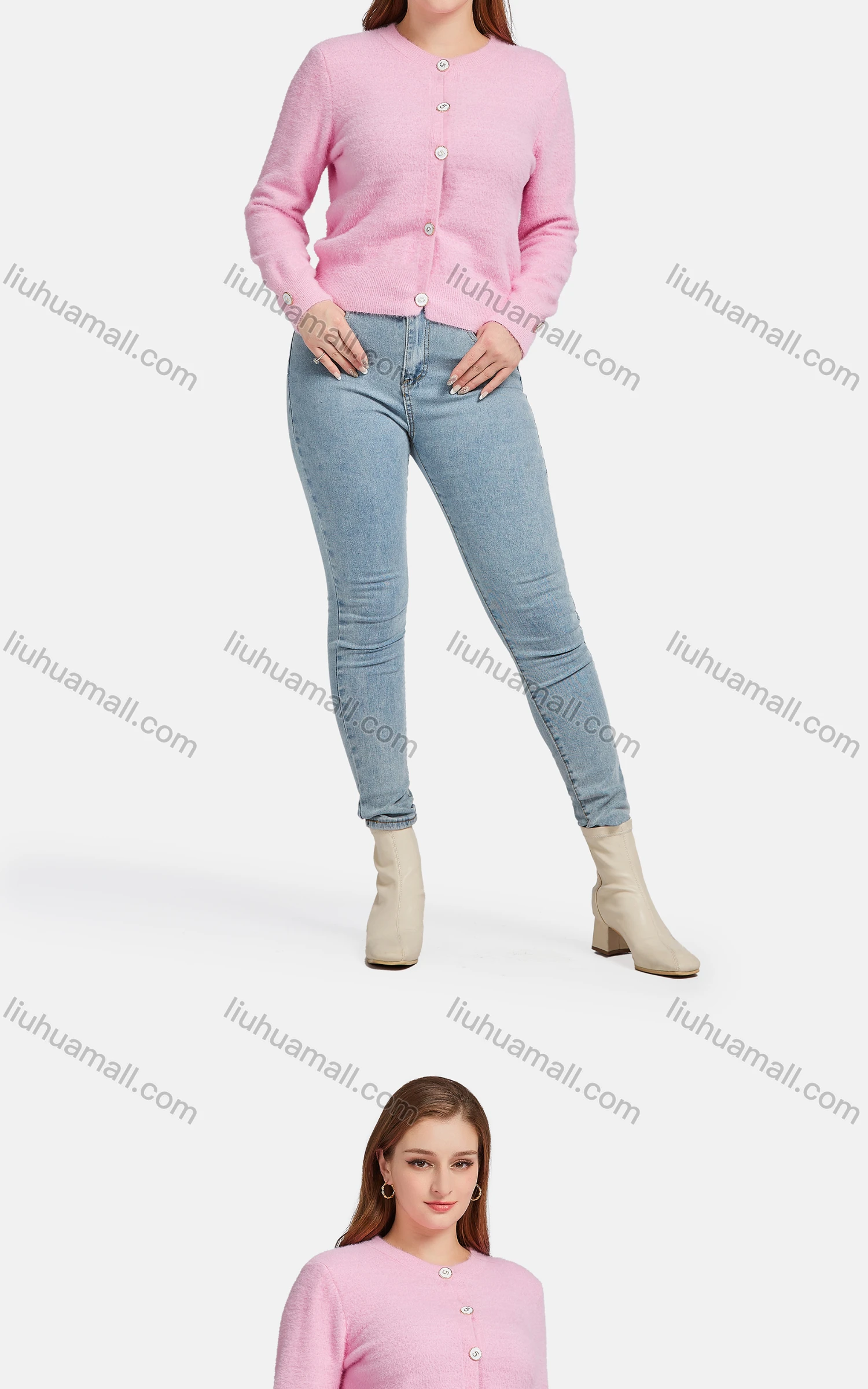 Wholesale Women's Casual Plain Long Sleeve Button Down Fleece Knit Cardigan - Liuhuamall
