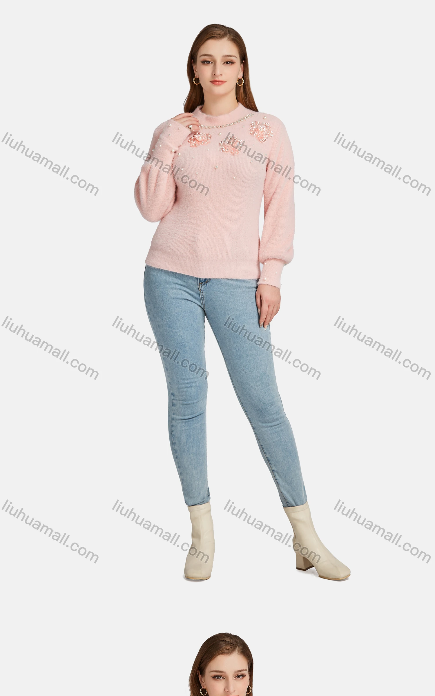 Wholesale Women's Casual Crew Neck Fleece Pearl Decro Embroidered Knit Sweater - Liuhuamall