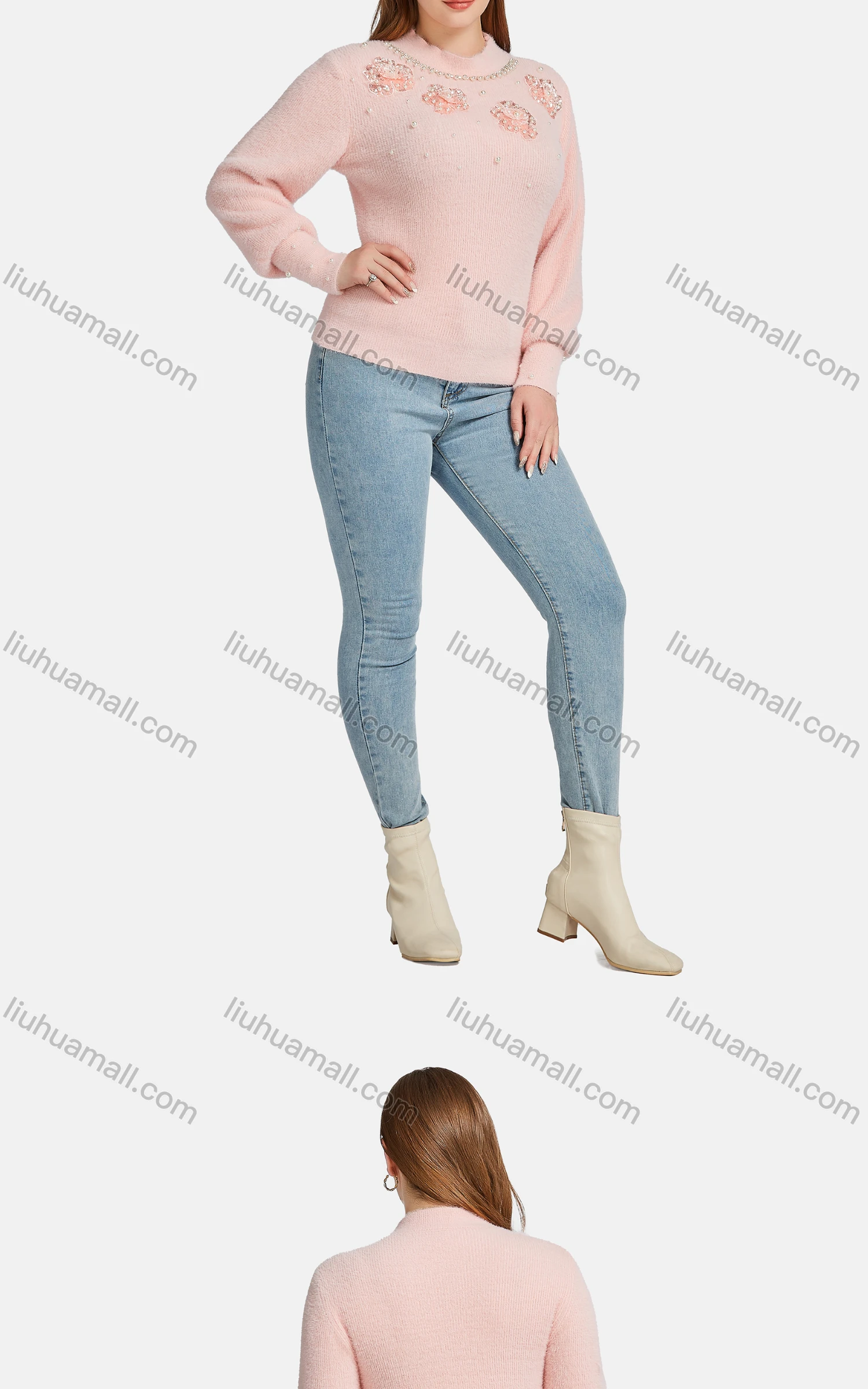 Wholesale Women's Casual Crew Neck Fleece Pearl Decro Embroidered Knit Sweater - Liuhuamall
