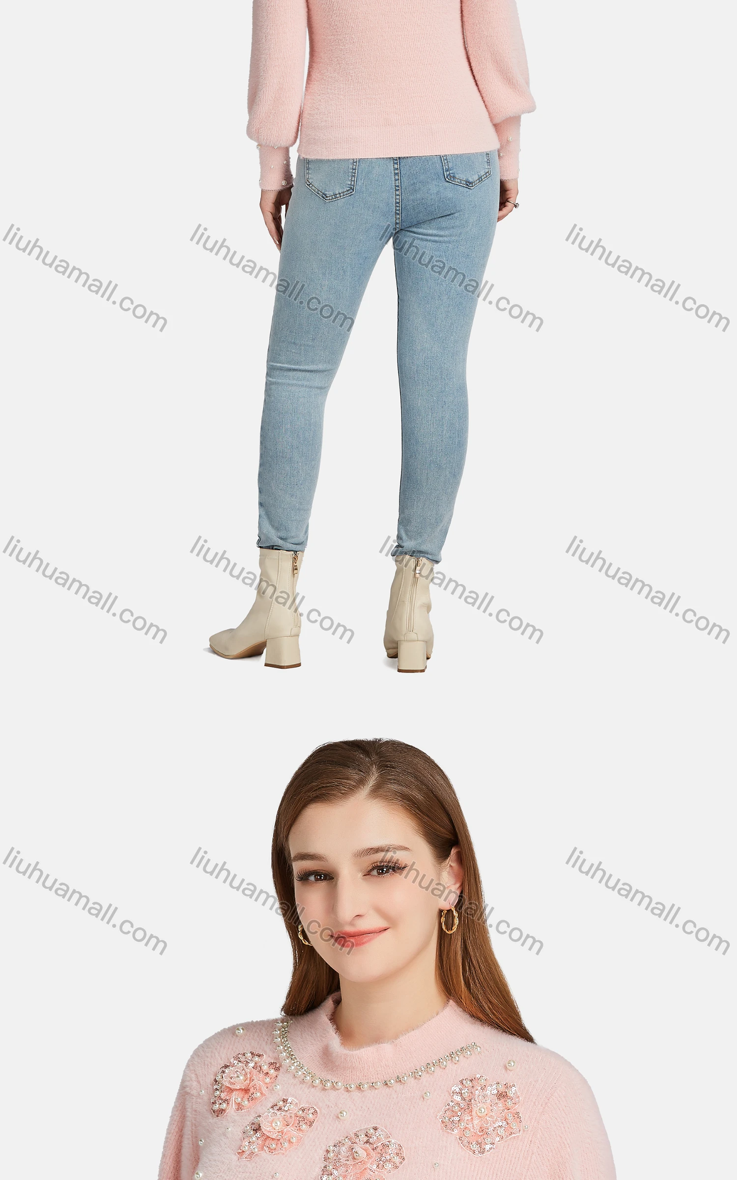 Wholesale Women's Casual Crew Neck Fleece Pearl Decro Embroidered Knit Sweater - Liuhuamall
