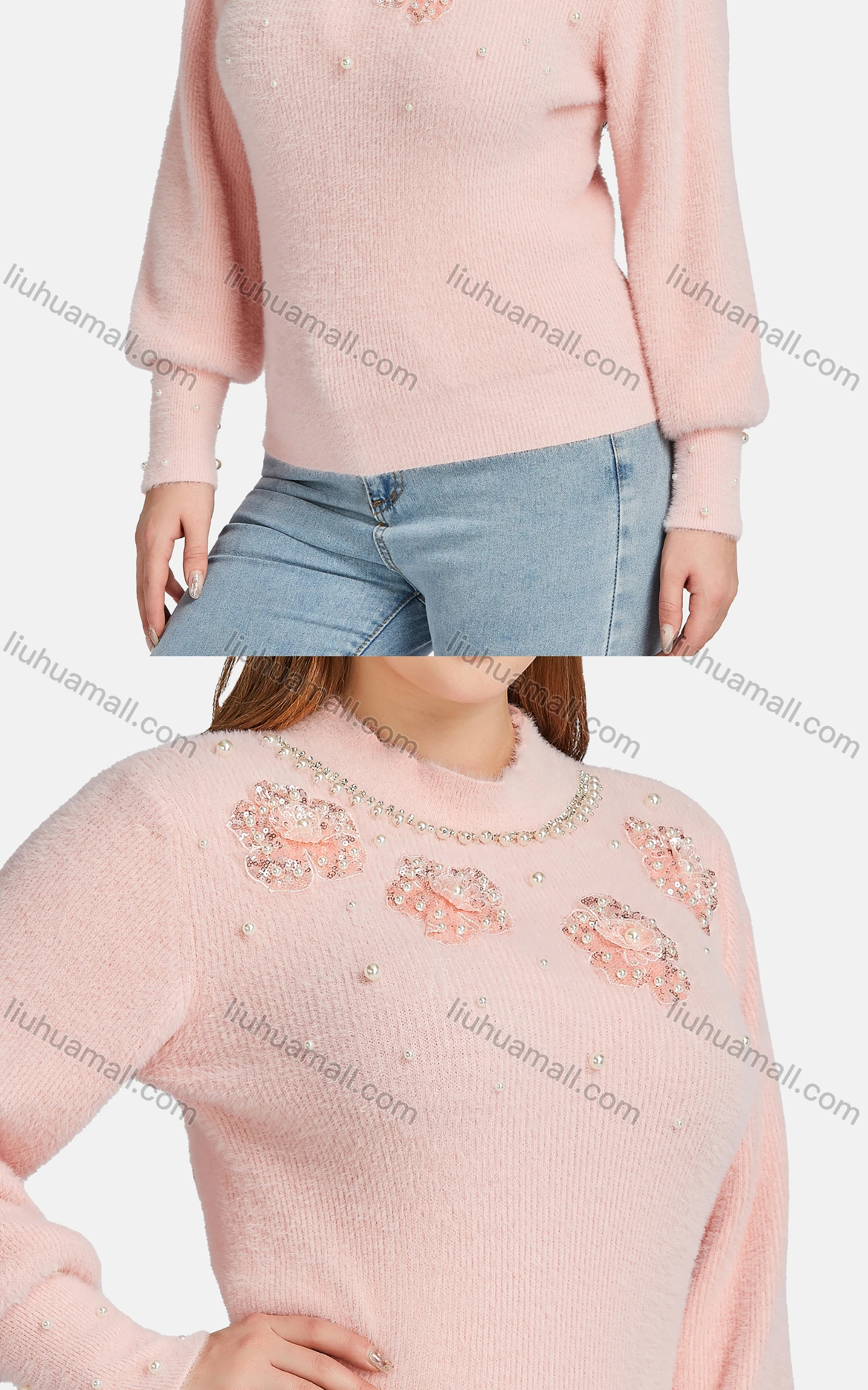 Wholesale Women's Casual Crew Neck Fleece Pearl Decro Embroidered Knit Sweater - Liuhuamall