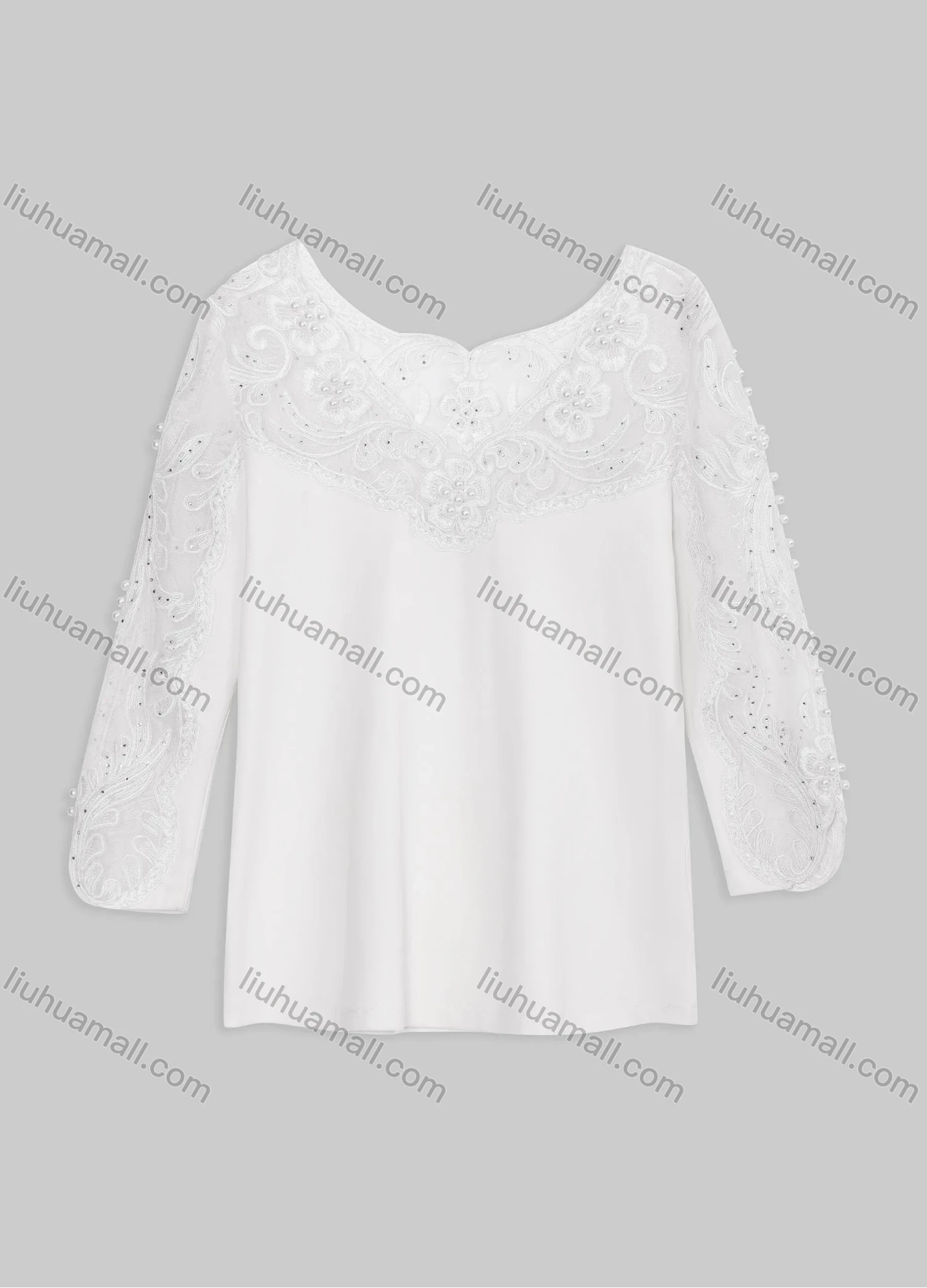 Wholesale Women's Elegant Plain Sweetheart Neck Embroidery Lace Rhinestone Pearl Decor Long Sleeve Blouse KJ52848# - Liuhuamall