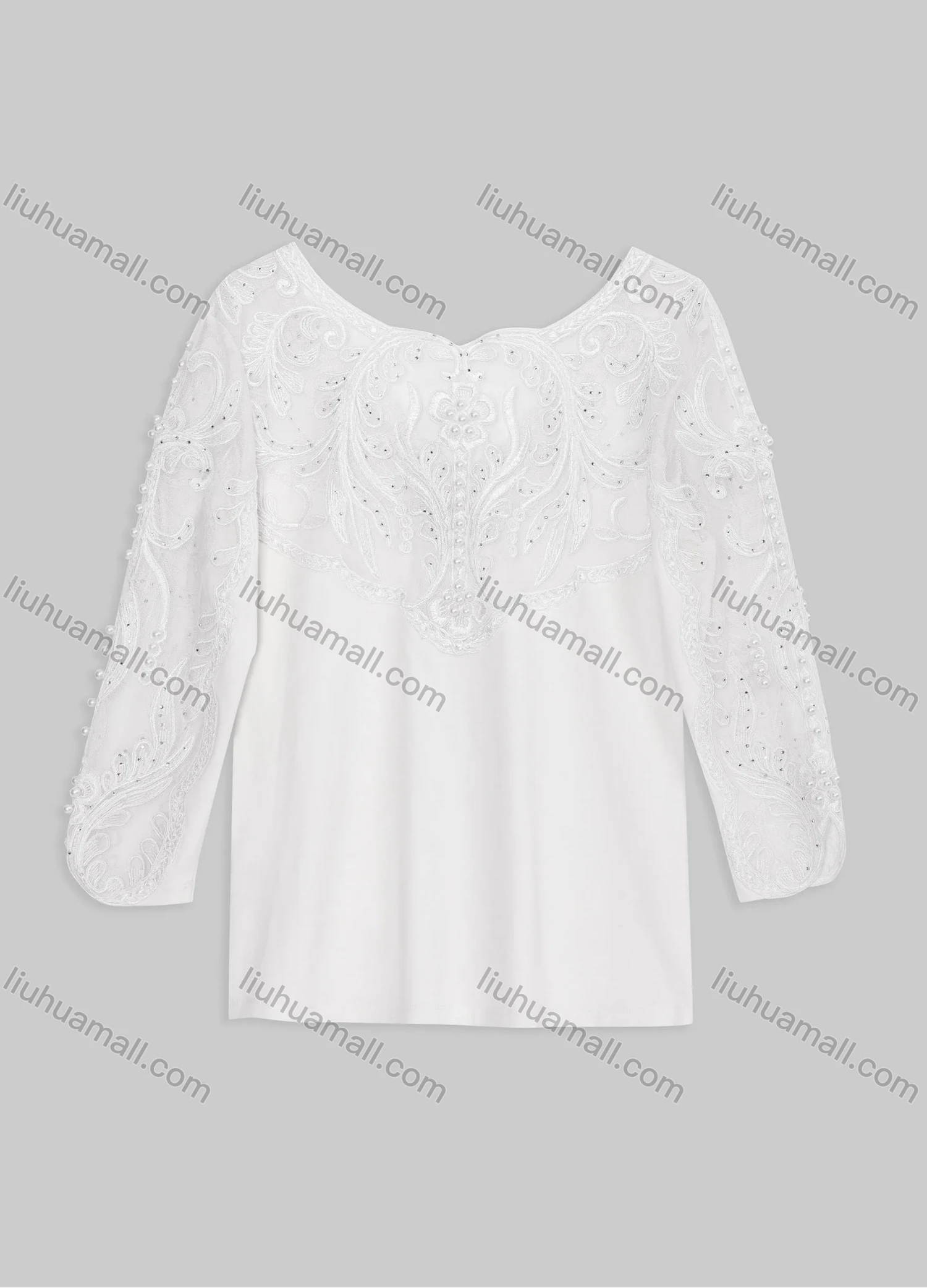 Wholesale Women's Elegant Plain Sweetheart Neck Embroidery Lace Rhinestone Pearl Decor Long Sleeve Blouse KJ52848# - Liuhuamall