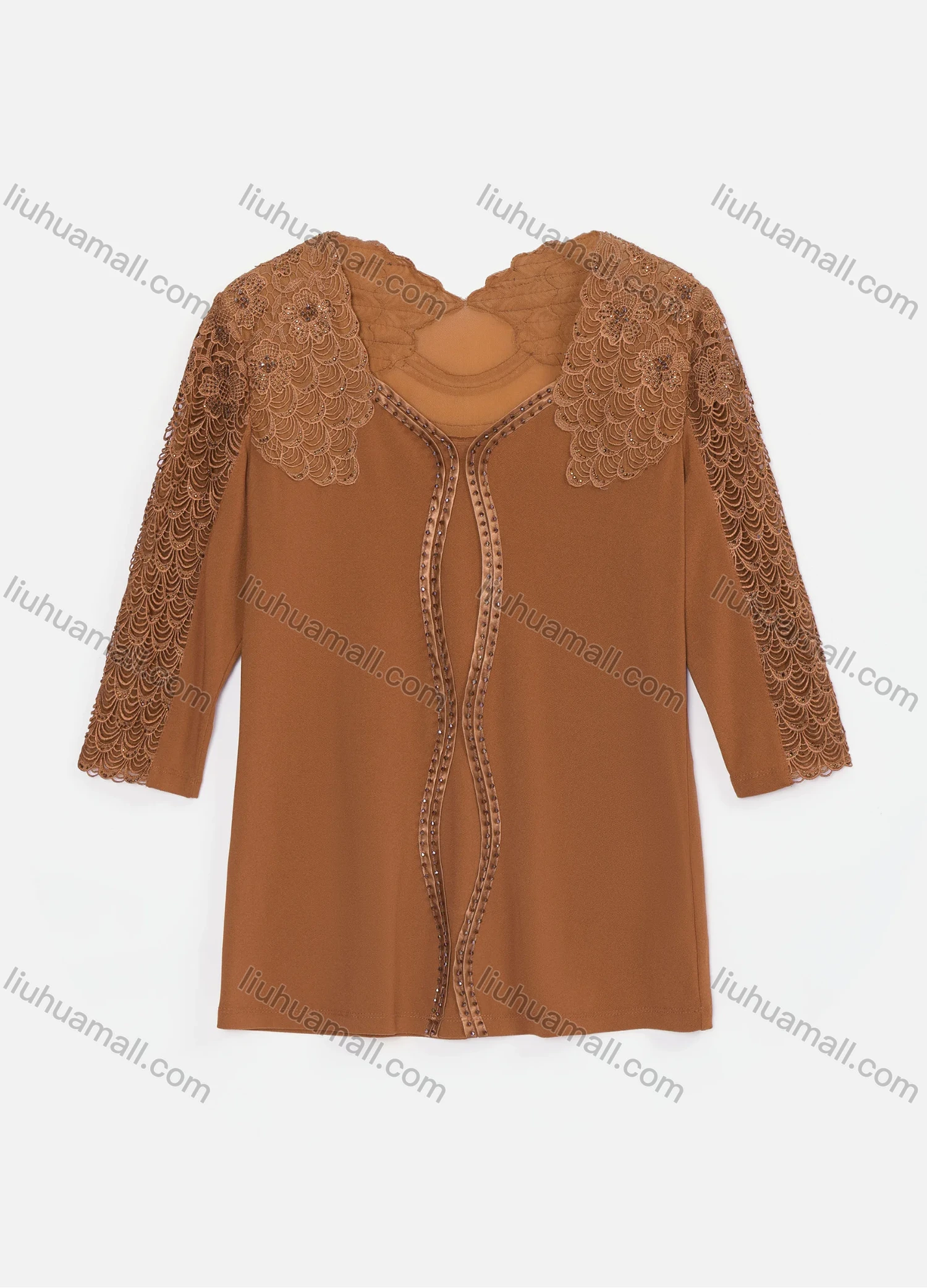 Wholesale Women's Elegant Plain Sweetheart Neck Embroidery Lace Rhinestone Long Sleeve Blouse KJ50979# - Liuhuamall