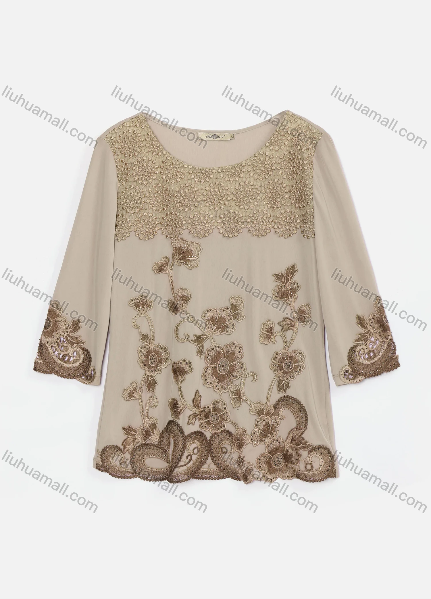 Wholesale Women's Elegant Round Neck Floral Embroidery Rhinestone Long Sleeve Blouse KJ50920# - Liuhuamall