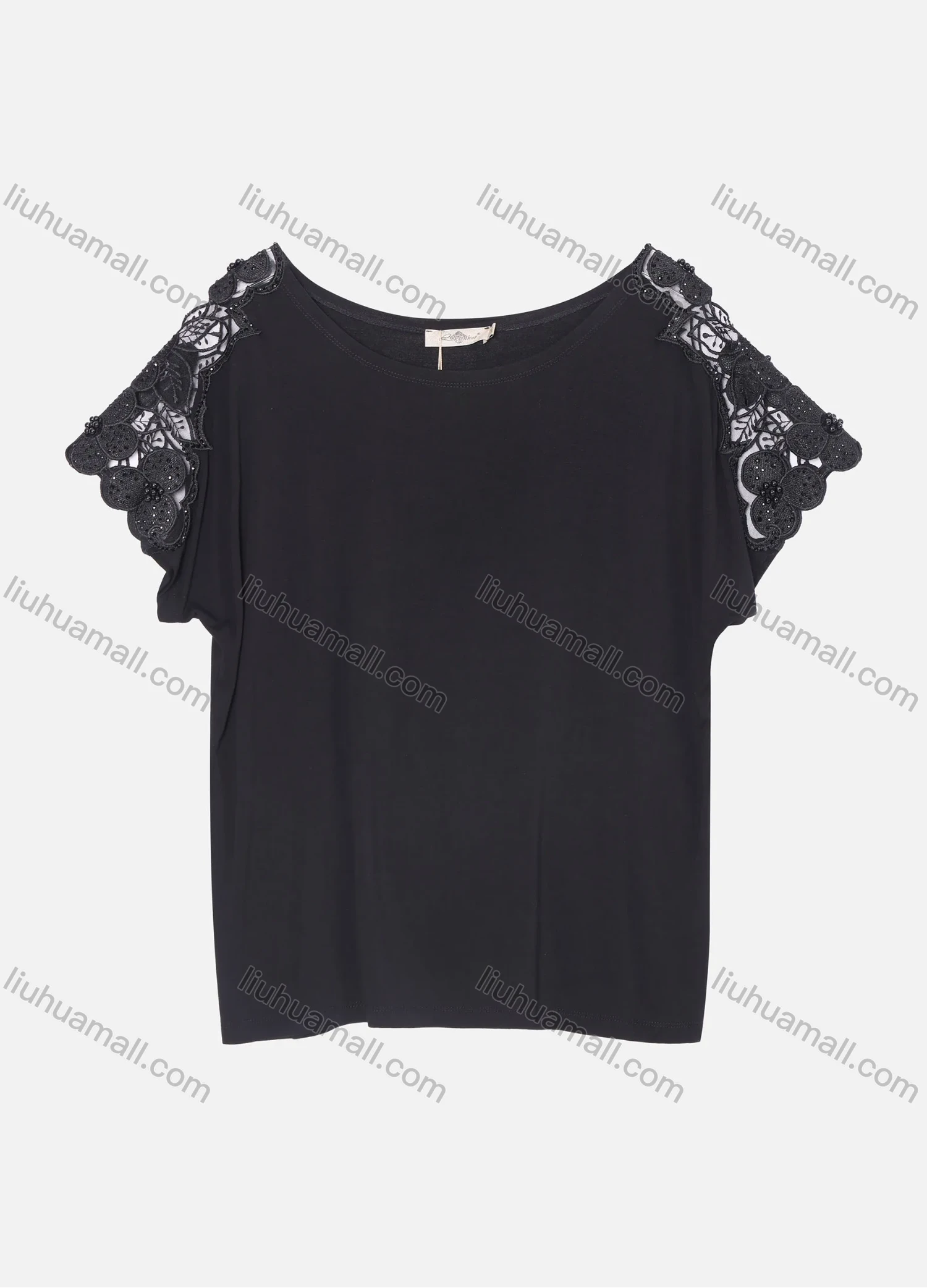 Wholesale Women's Elegant Plain Round Neck Guipure Lace Embroidery Rhinestone Pearl Decor Short Sleeve Blouse KJ52021# - Liuhuamall