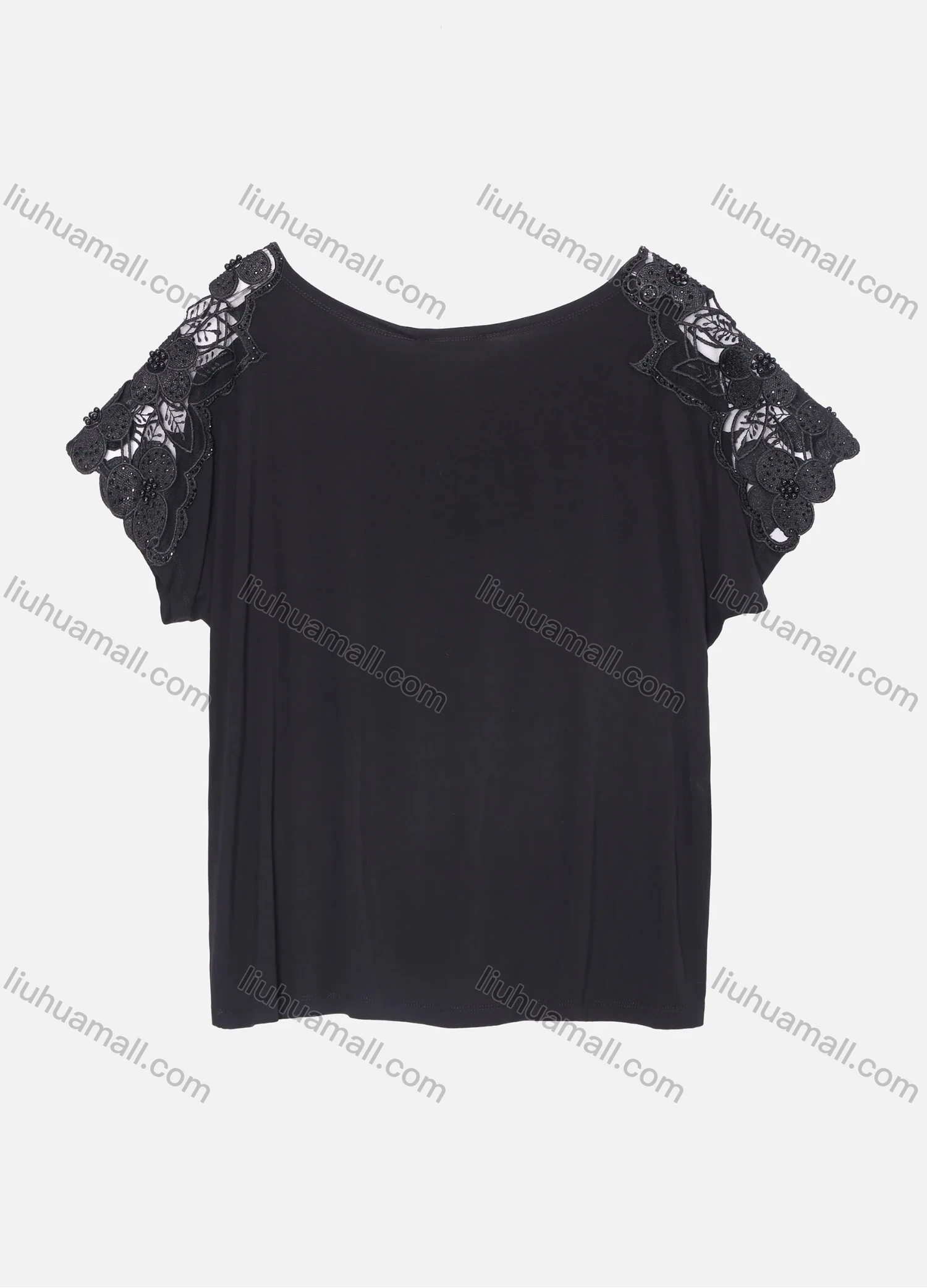 Wholesale Women's Elegant Plain Round Neck Guipure Lace Embroidery Rhinestone Pearl Decor Short Sleeve Blouse KJ52021# - Liuhuamall