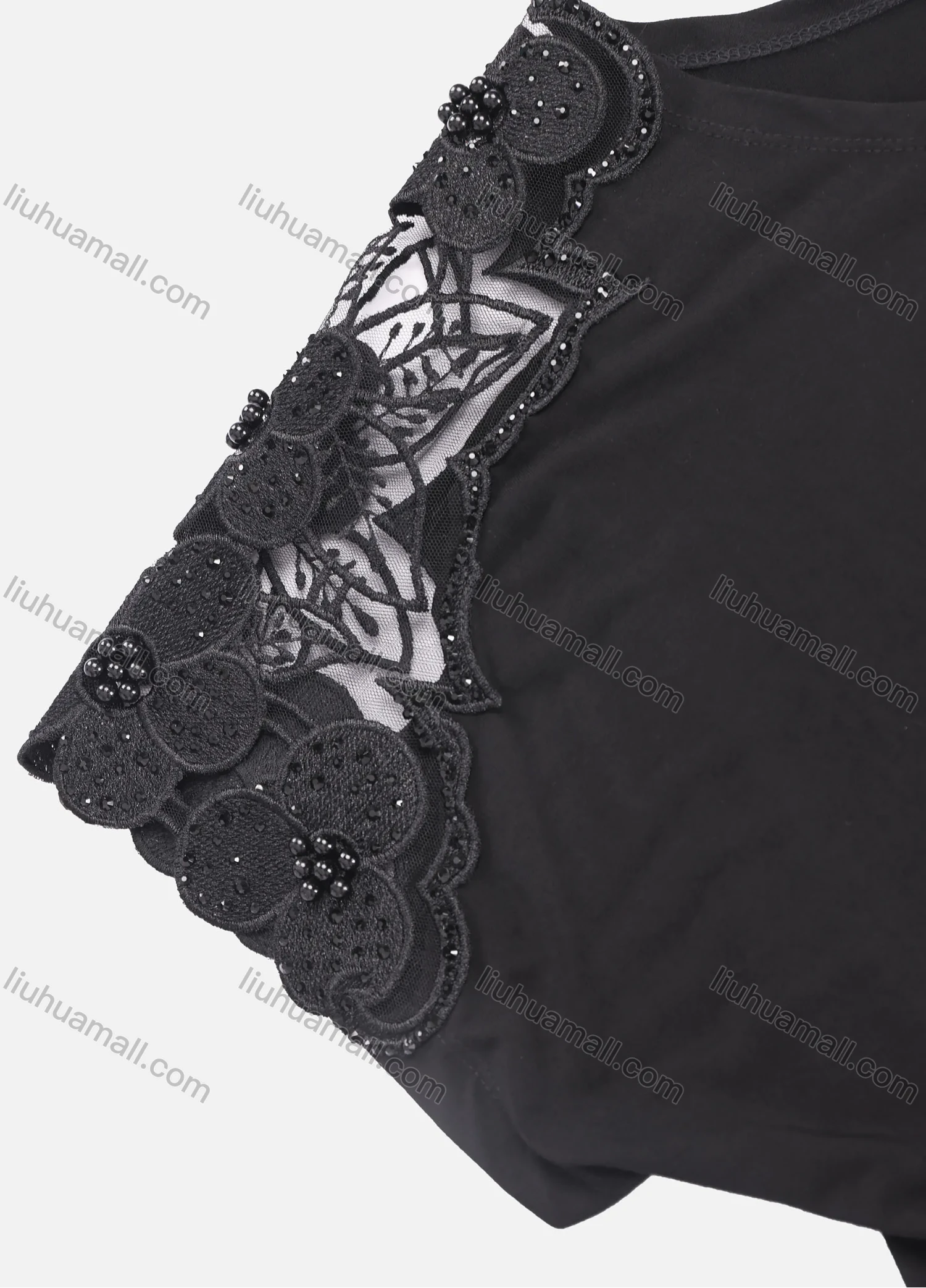 Wholesale Women's Elegant Plain Round Neck Guipure Lace Embroidery Rhinestone Pearl Decor Short Sleeve Blouse KJ52021# - Liuhuamall