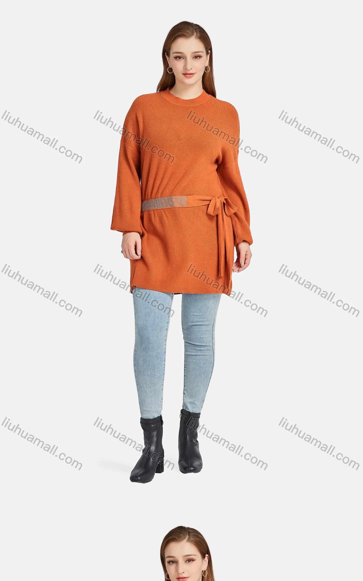 Wholesale Women's Casual Tie Front Crew Neck Long Sleeve Ribbed Rhinestone Tunic 118# - Liuhuamall