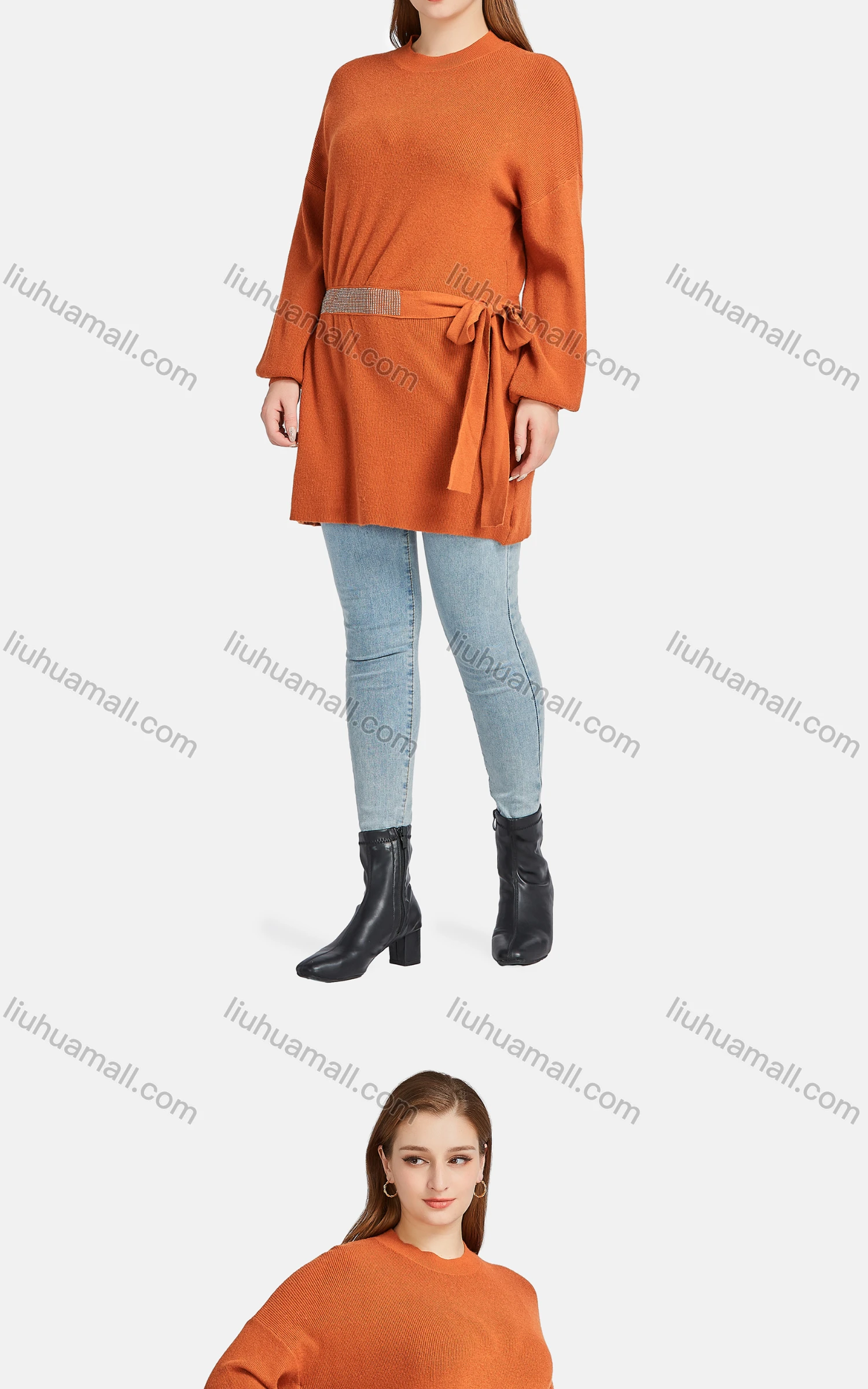 Wholesale Women's Casual Tie Front Crew Neck Long Sleeve Ribbed Rhinestone Tunic 118# - Liuhuamall
