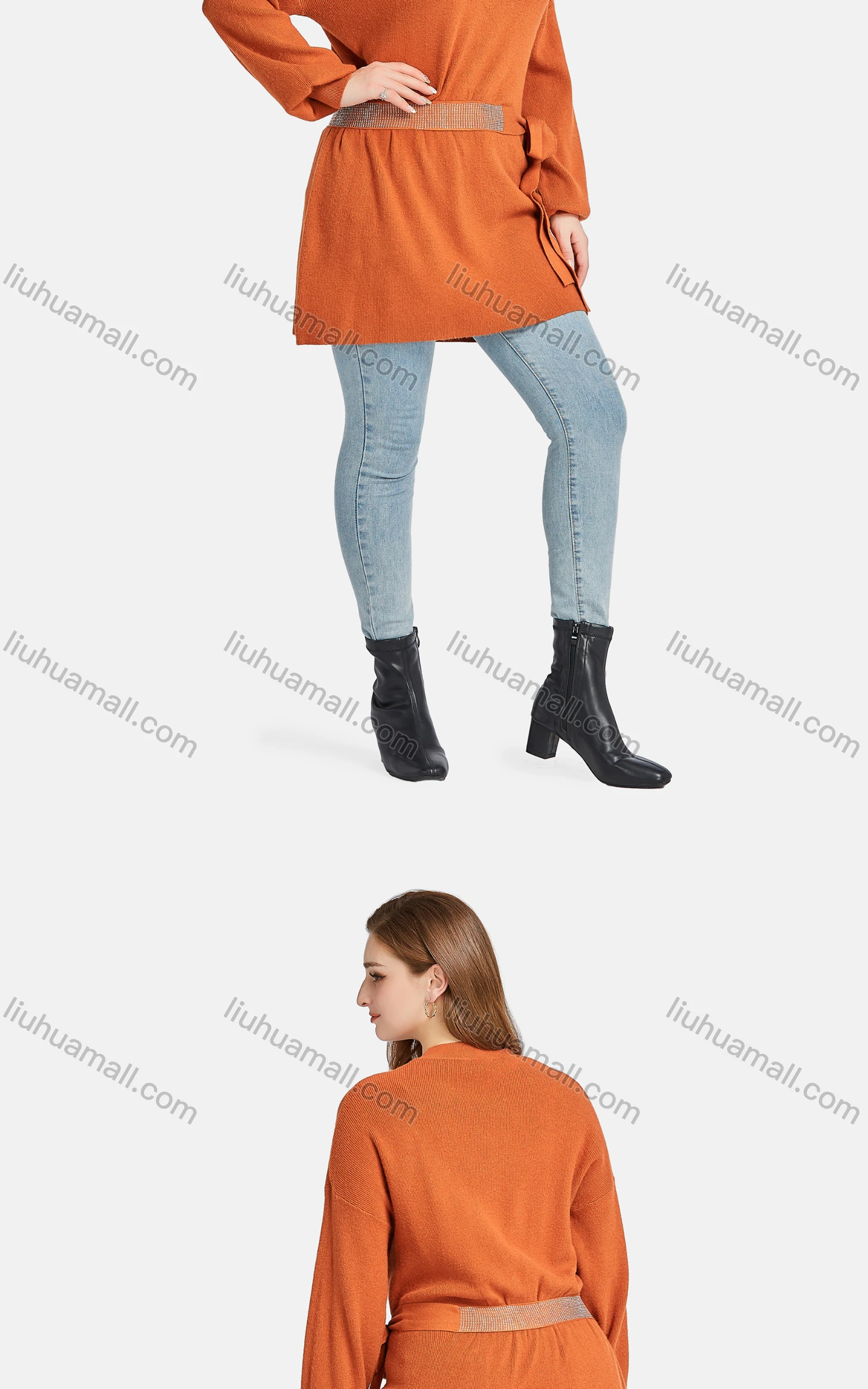 Wholesale Women's Casual Tie Front Crew Neck Long Sleeve Ribbed Rhinestone Tunic 118# - Liuhuamall
