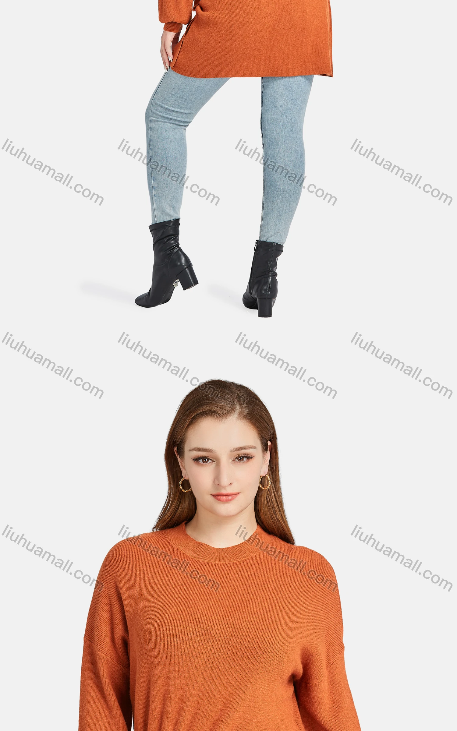 Wholesale Women's Casual Tie Front Crew Neck Long Sleeve Ribbed Rhinestone Tunic 118# - Liuhuamall