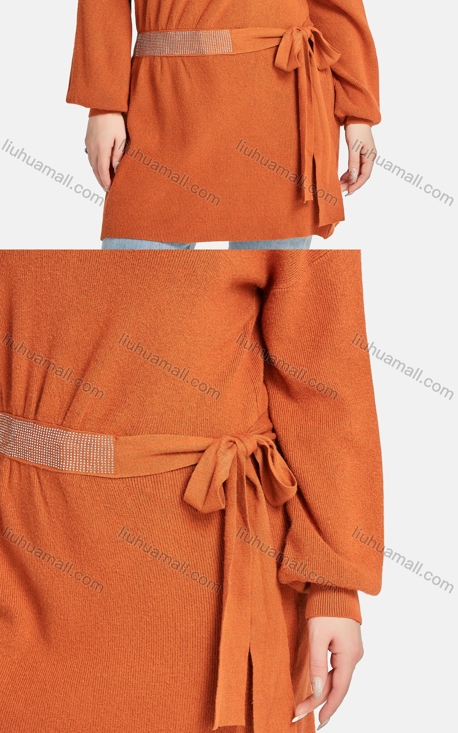 Wholesale Women's Casual Tie Front Crew Neck Long Sleeve Ribbed Rhinestone Tunic 118# - Liuhuamall