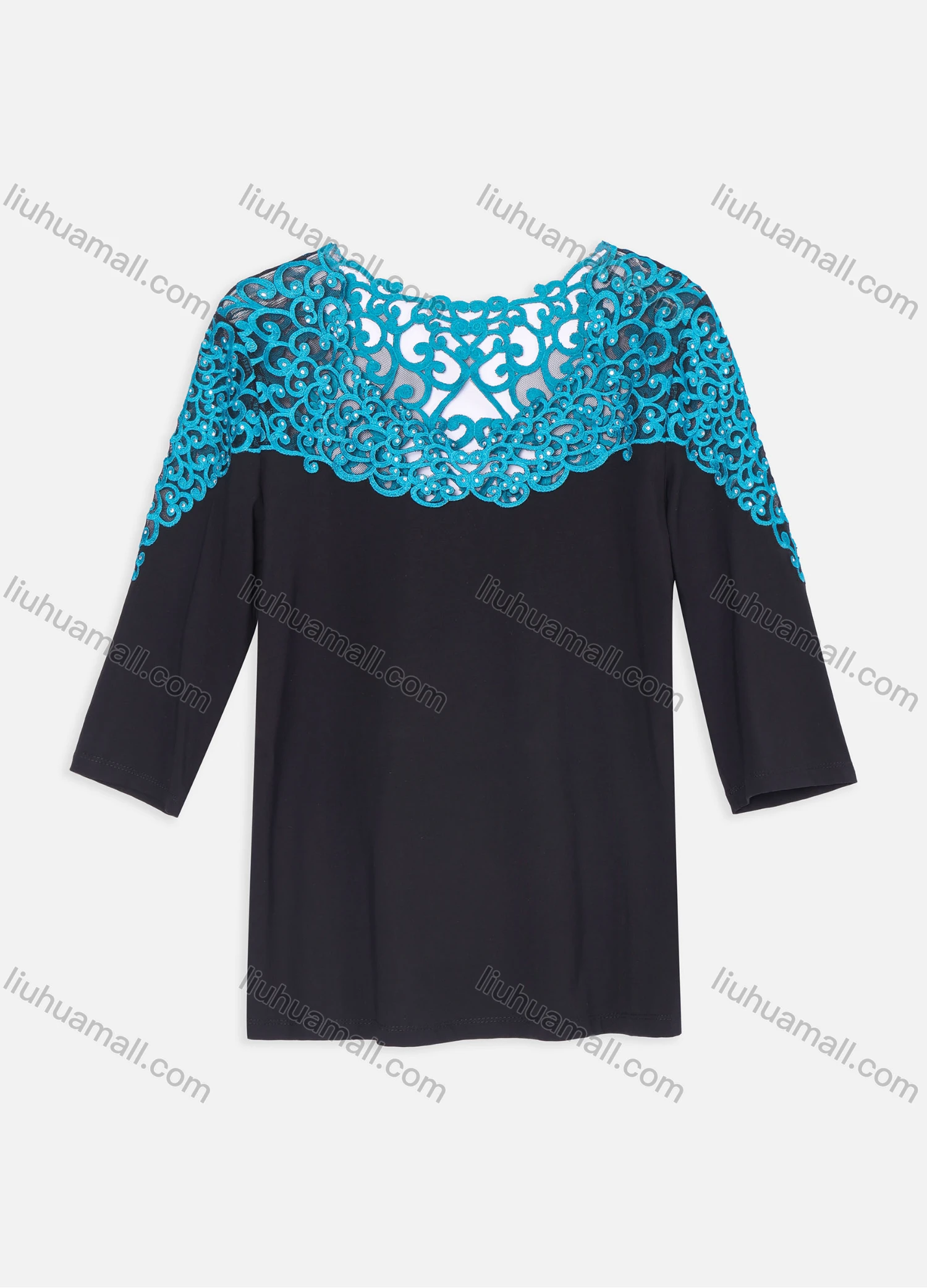 Wholesale Women's Elegant Colorblock V Neck Hollow Out Embroidery Rhinestone 3/4 Sleeve Blouse KJ50955# - Liuhuamall