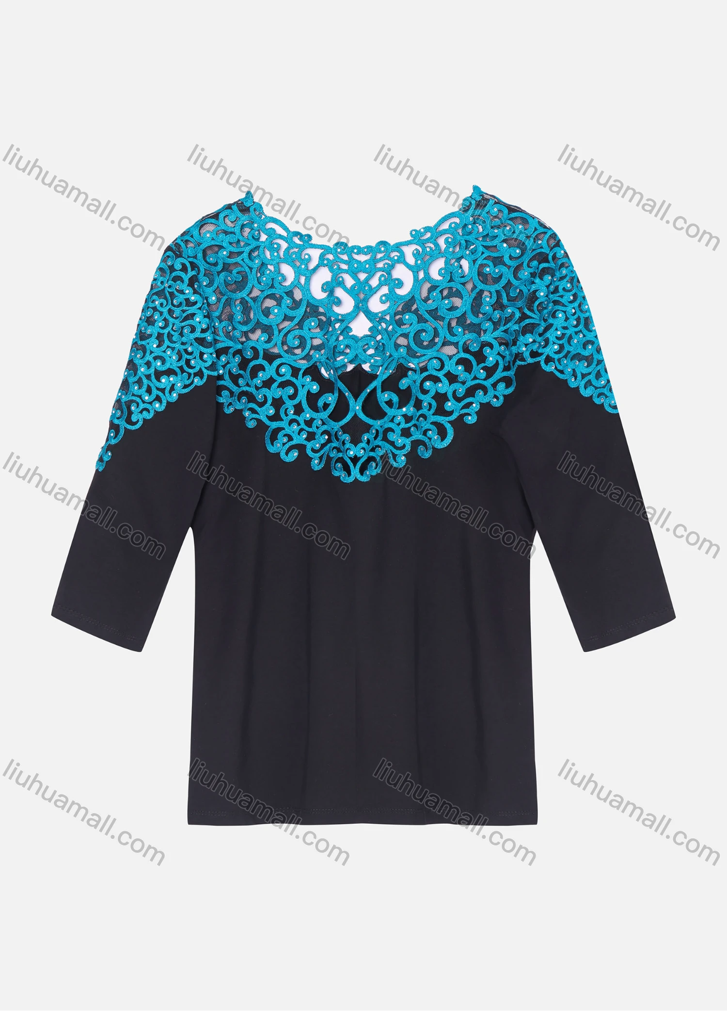 Wholesale Women's Elegant Colorblock V Neck Hollow Out Embroidery Rhinestone 3/4 Sleeve Blouse KJ50955# - Liuhuamall