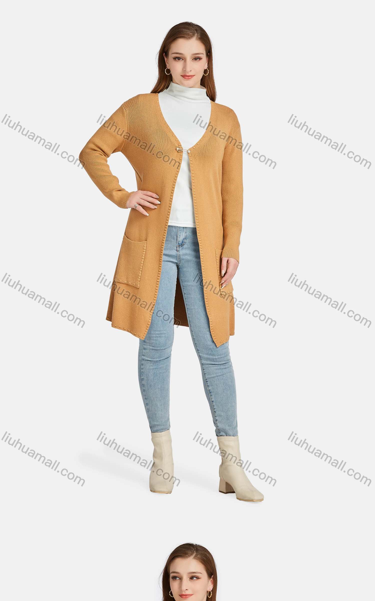 Wholesale Women's Casual Plain Long Sleeve Pearl Decor Patch Pocket Cardigan - Liuhuamall