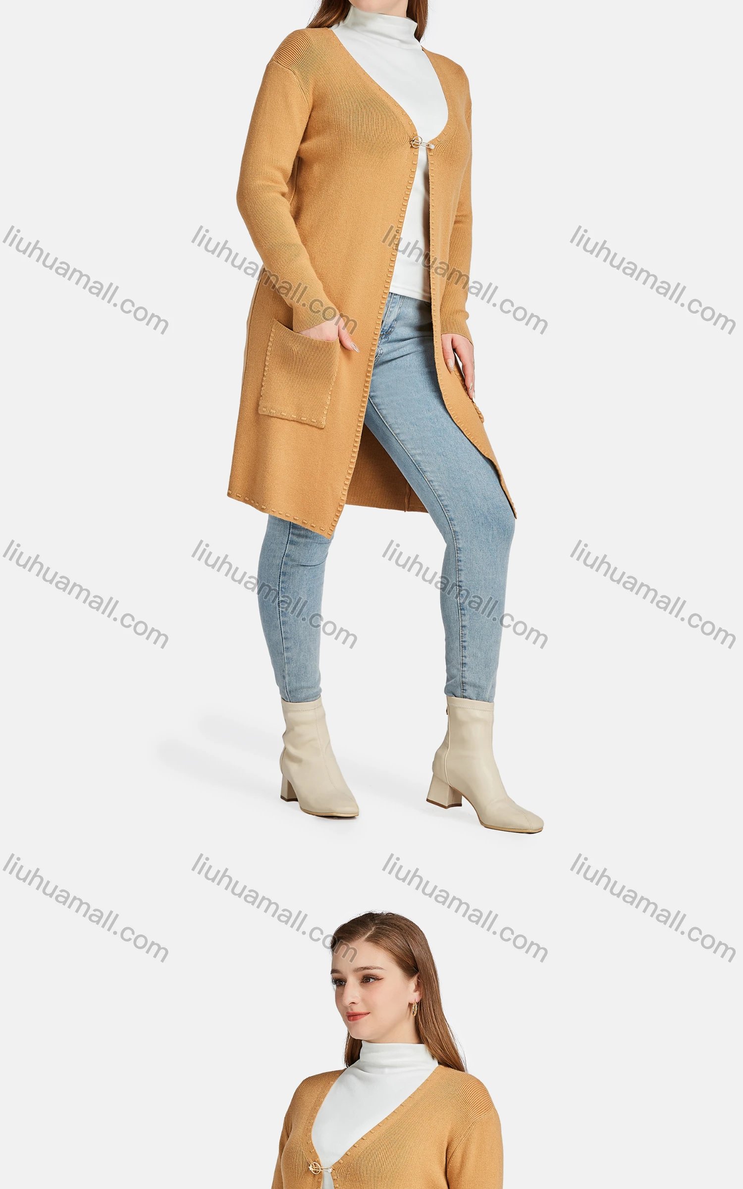 Wholesale Women's Casual Plain Long Sleeve Pearl Decor Patch Pocket Cardigan - Liuhuamall