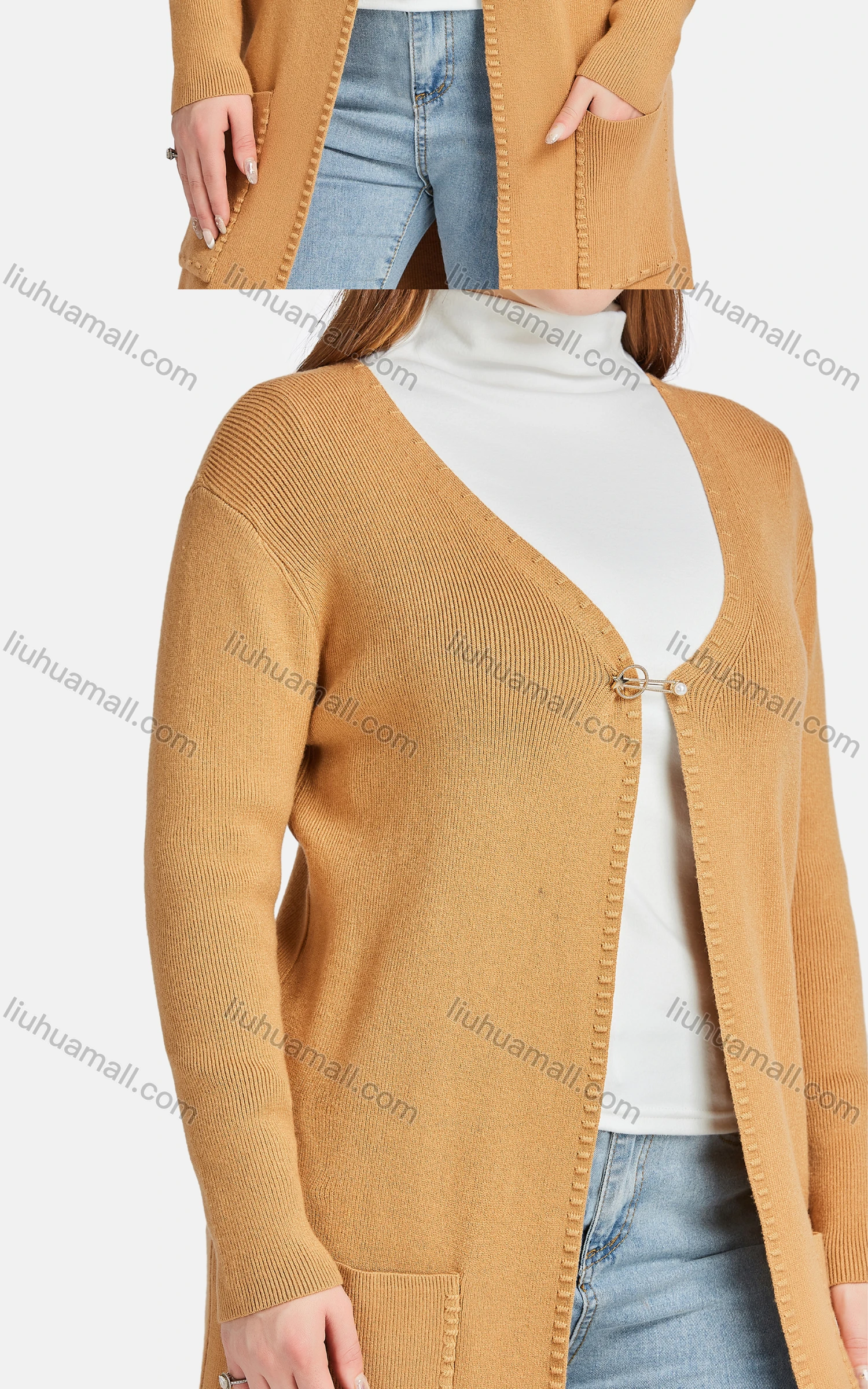 Wholesale Women's Casual Plain Long Sleeve Pearl Decor Patch Pocket Cardigan - Liuhuamall