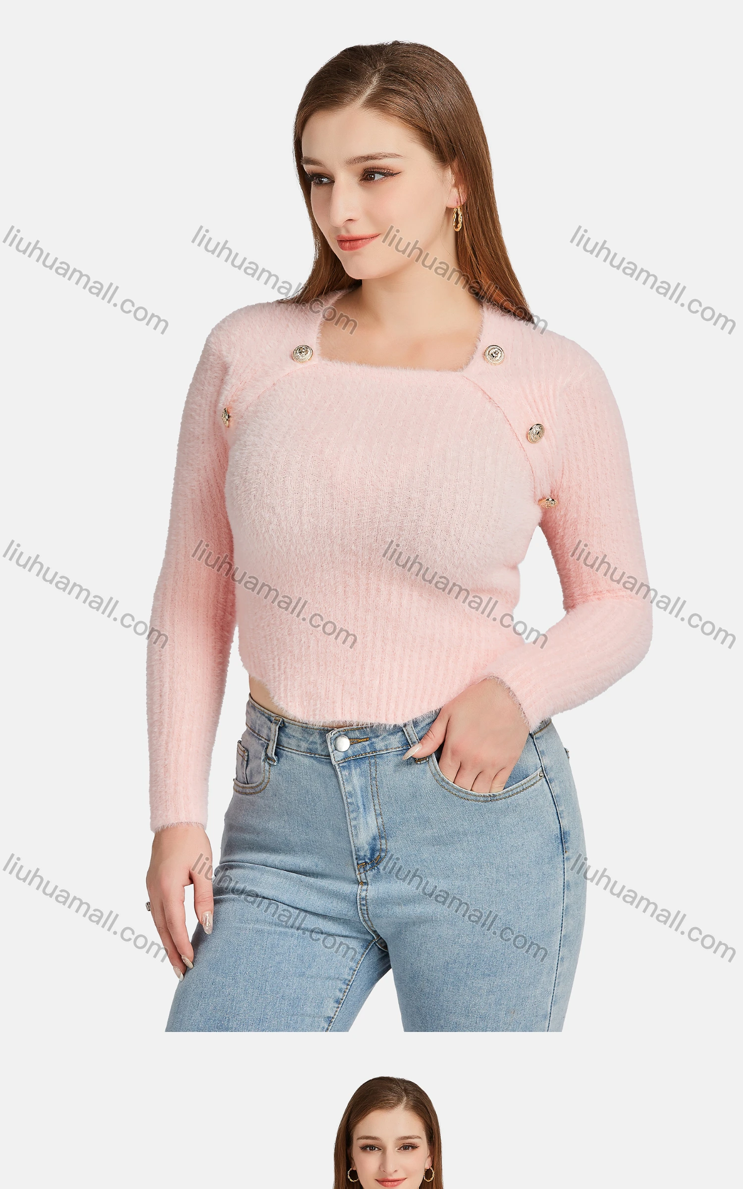 Wholesale Women's Casual Square Neck Fleece Button Decor Knit Crop Sweater - Liuhuamall