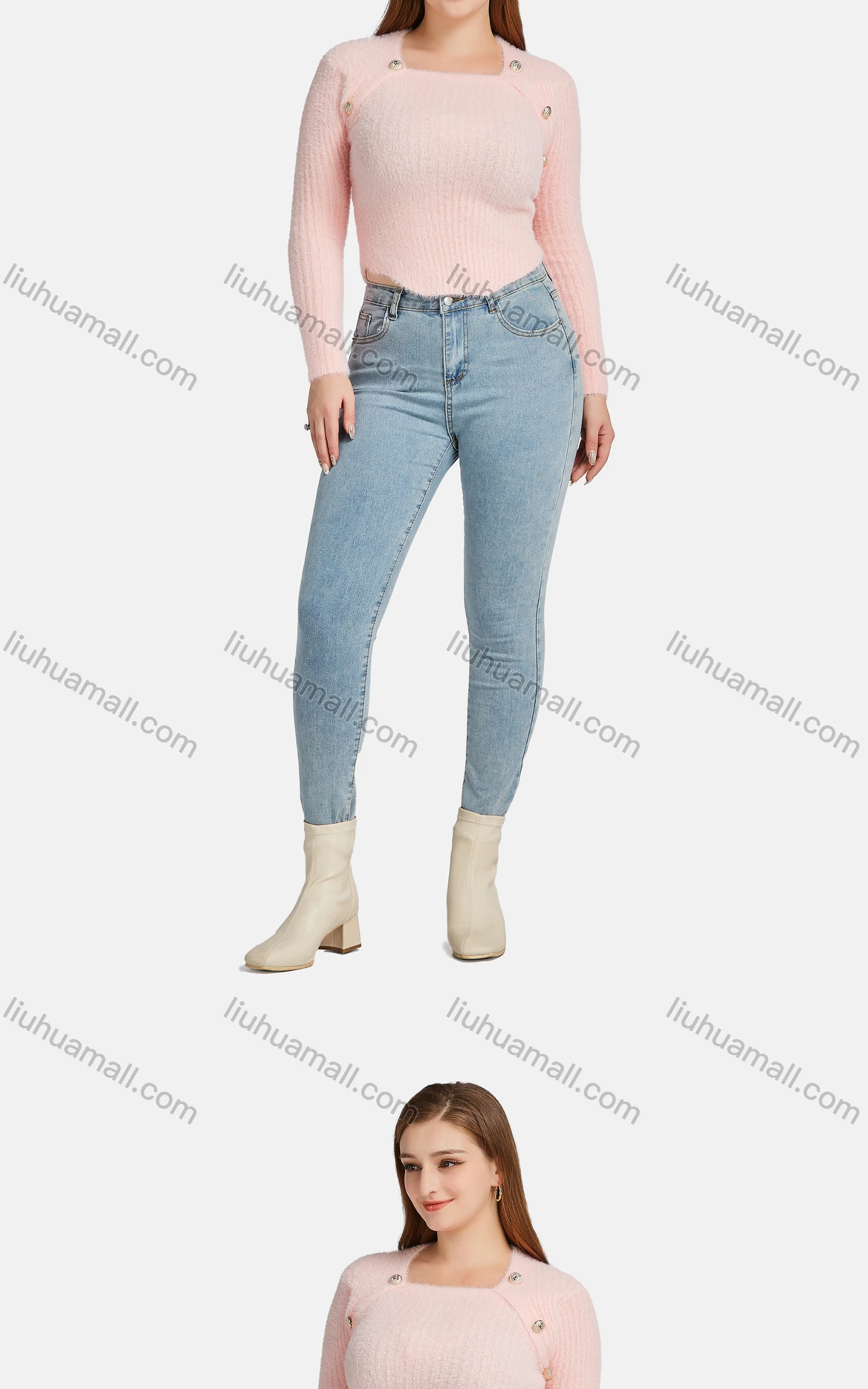 Wholesale Women's Casual Square Neck Fleece Button Decor Knit Crop Sweater - Liuhuamall