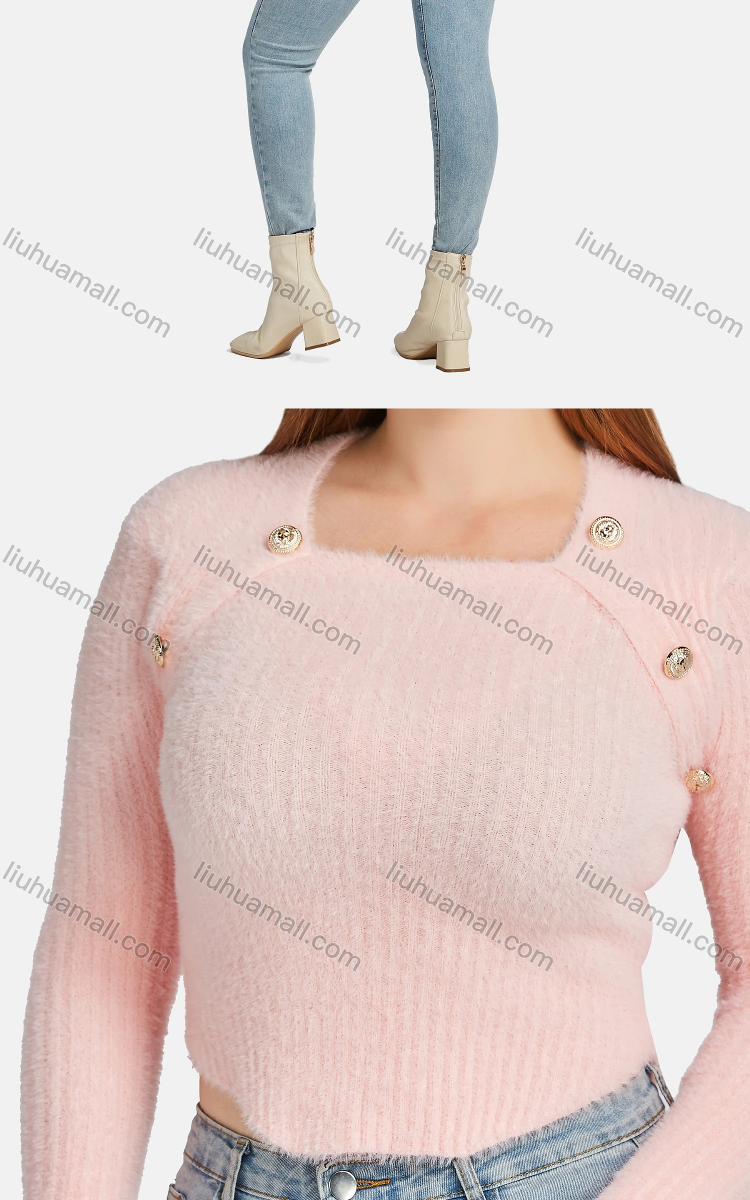 Wholesale Women's Casual Square Neck Fleece Button Decor Knit Crop Sweater - Liuhuamall