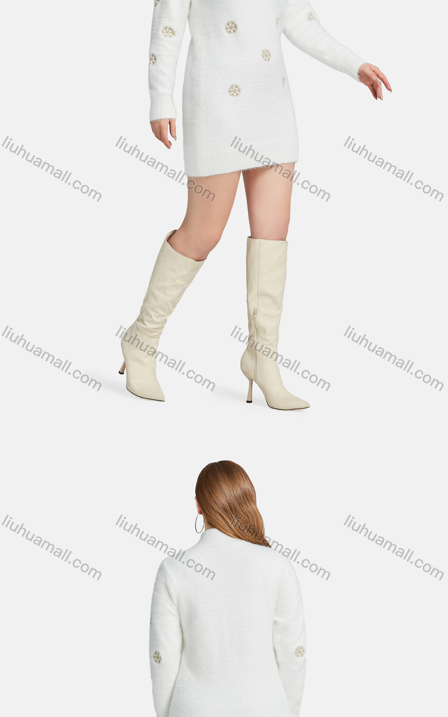 Wholesale Women's Casual High Neck Fleece Snowflake Embroidered Knit Sweater - Liuhuamall