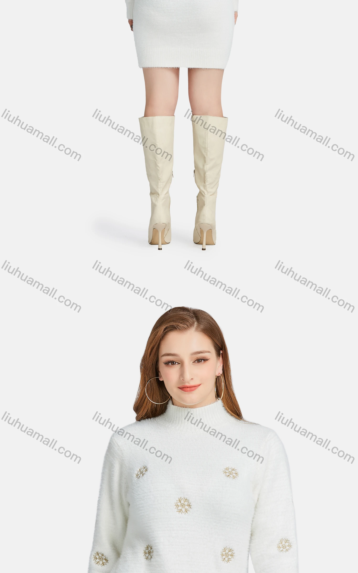 Wholesale Women's Casual High Neck Fleece Snowflake Embroidered Knit Sweater - Liuhuamall