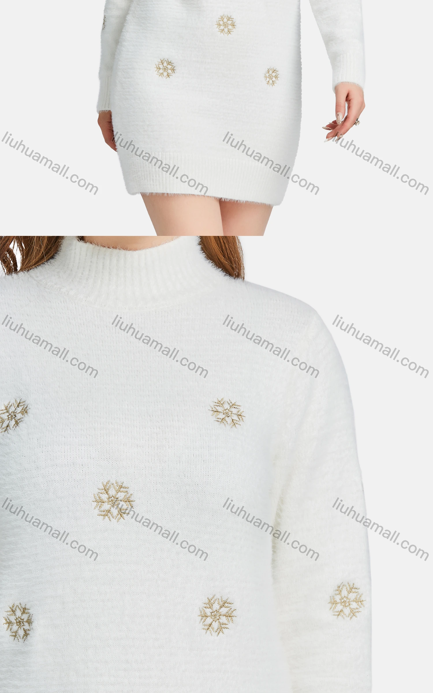 Wholesale Women's Casual High Neck Fleece Snowflake Embroidered Knit Sweater - Liuhuamall