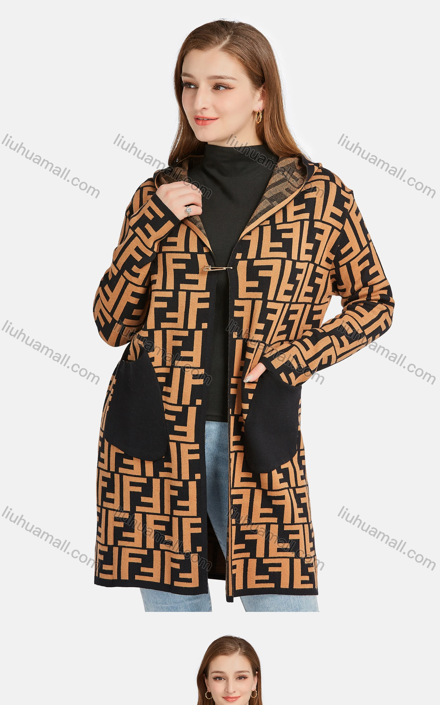 Wholesale Women's Casual Letter Hooded Long Sleeve Patch Pocket Cardigan 502-2# - Liuhuamall