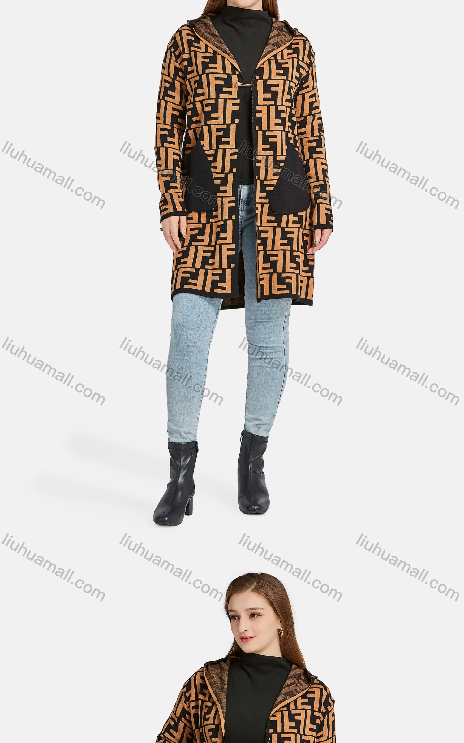 Wholesale Women's Casual Letter Hooded Long Sleeve Patch Pocket Cardigan 502-2# - Liuhuamall