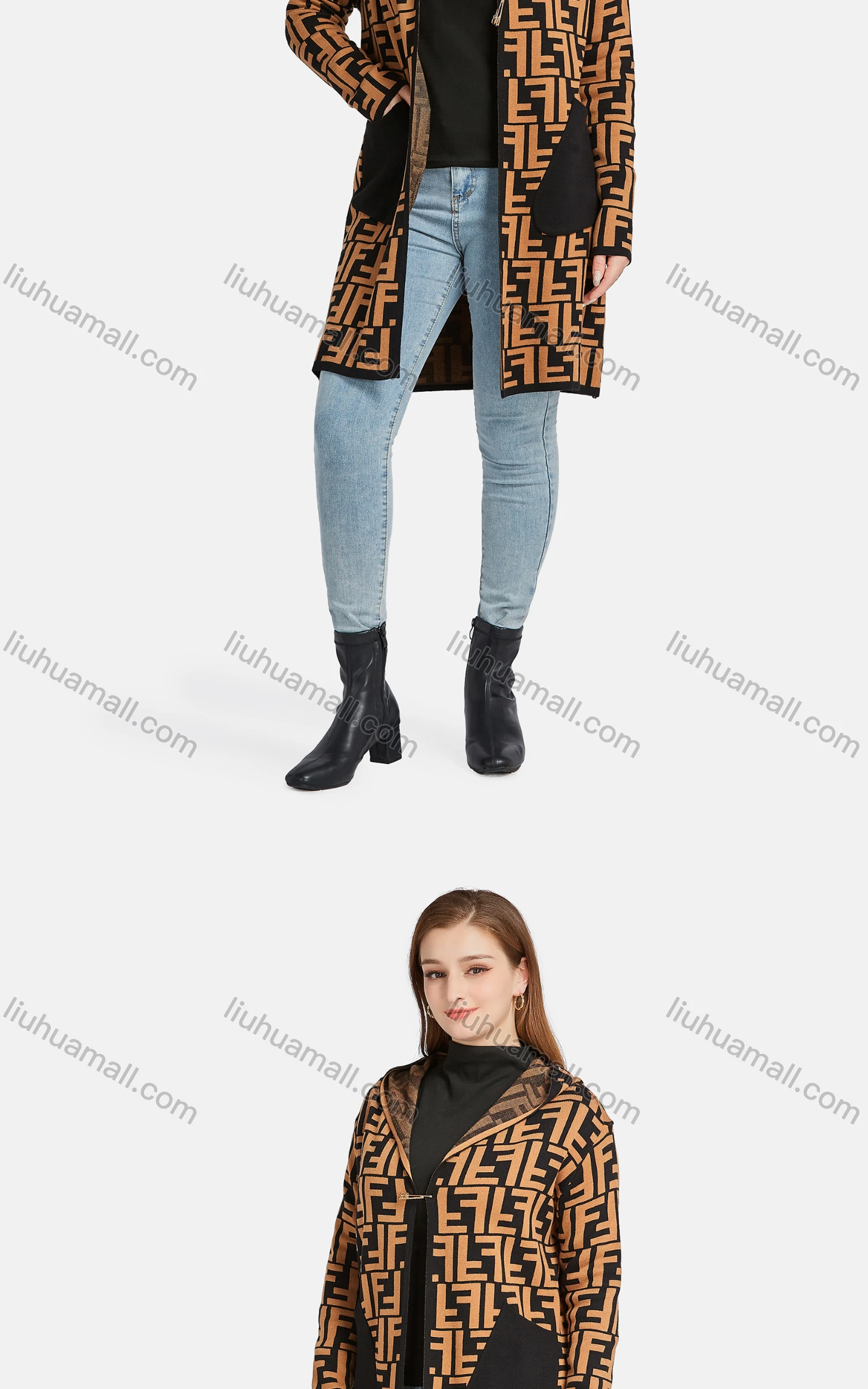 Wholesale Women's Casual Letter Hooded Long Sleeve Patch Pocket Cardigan 502-2# - Liuhuamall