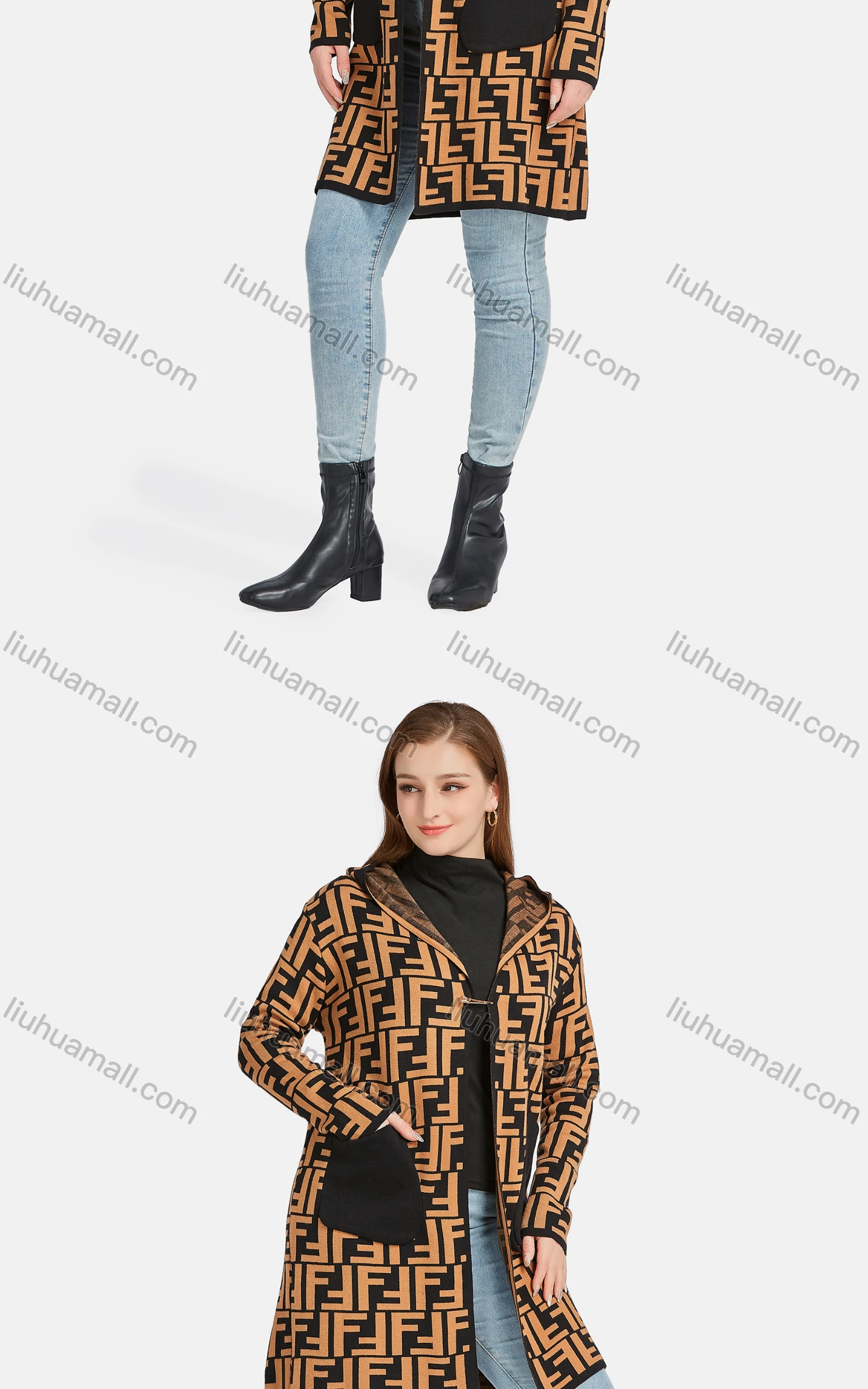 Wholesale Women's Casual Letter Hooded Long Sleeve Patch Pocket Cardigan 502-2# - Liuhuamall