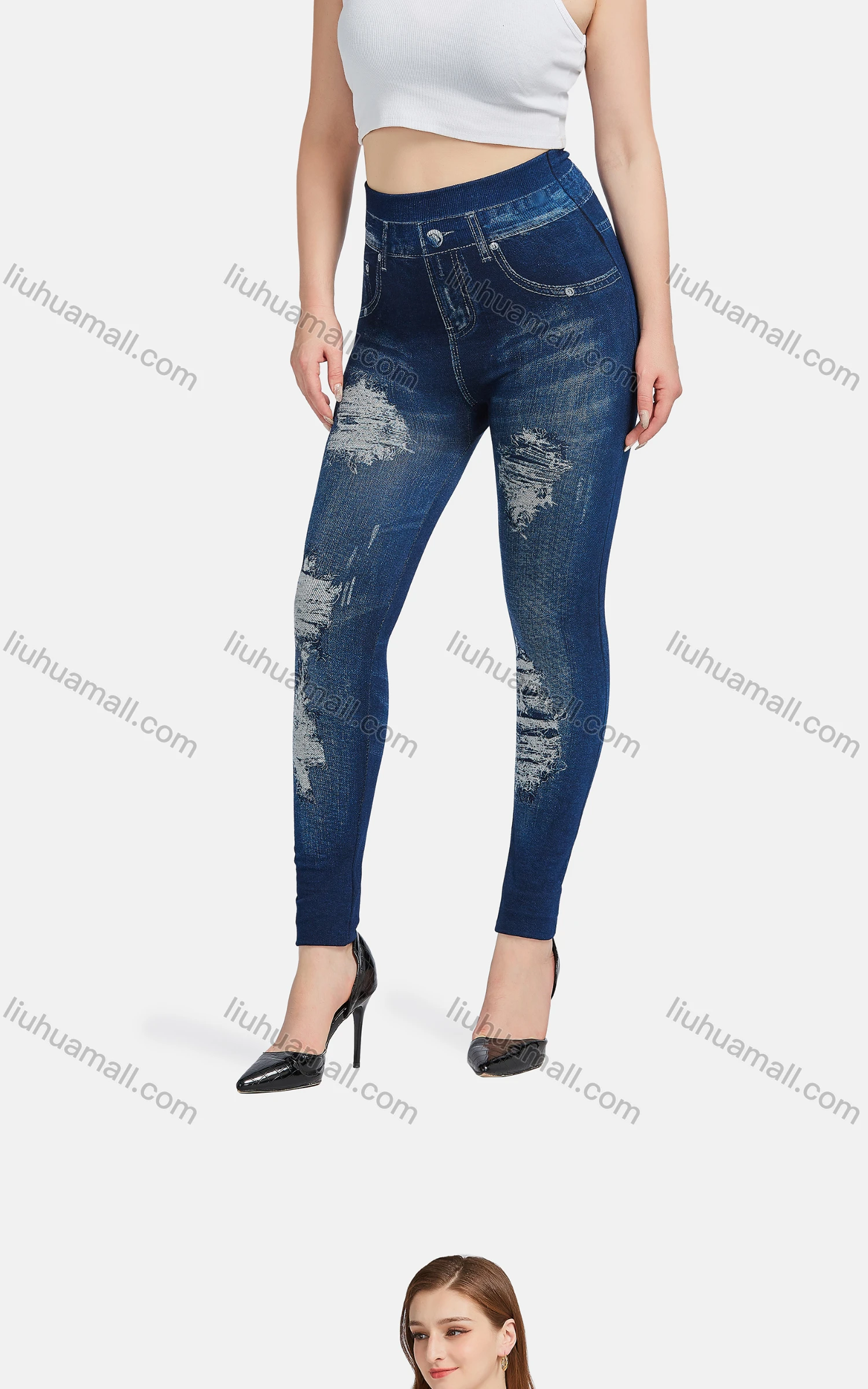 Wholesale Women's Casual High Waist Skinny Fit Ripped Distressed Jeans 7017# - Liuhuamall