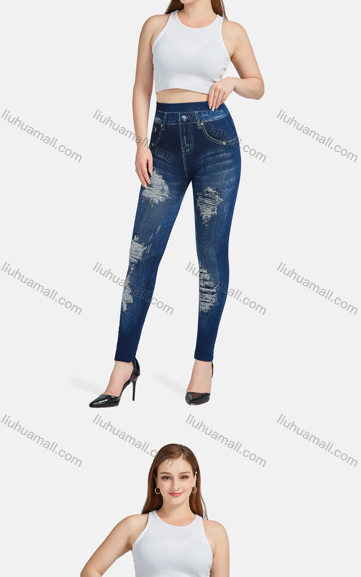 Wholesale Women's Casual High Waist Skinny Fit Ripped Distressed Jeans 7017# - Liuhuamall