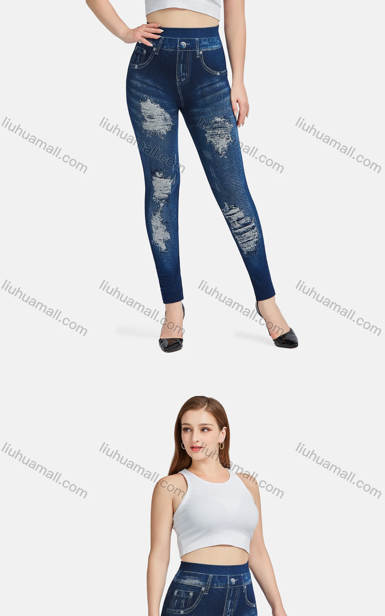 Wholesale Women's Casual High Waist Skinny Fit Ripped Distressed Jeans 7017# - Liuhuamall