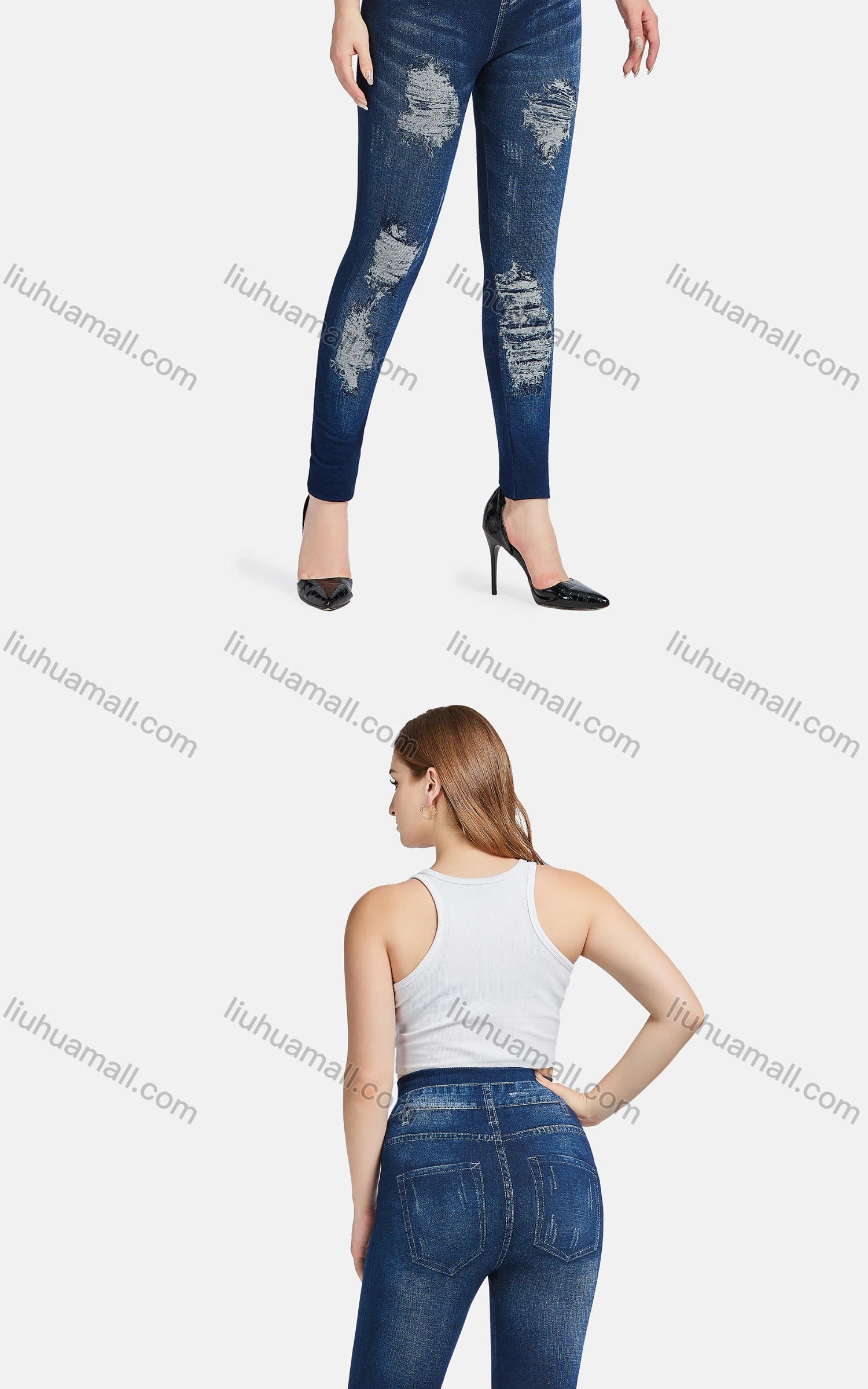 Wholesale Women's Casual High Waist Skinny Fit Ripped Distressed Jeans 7017# - Liuhuamall