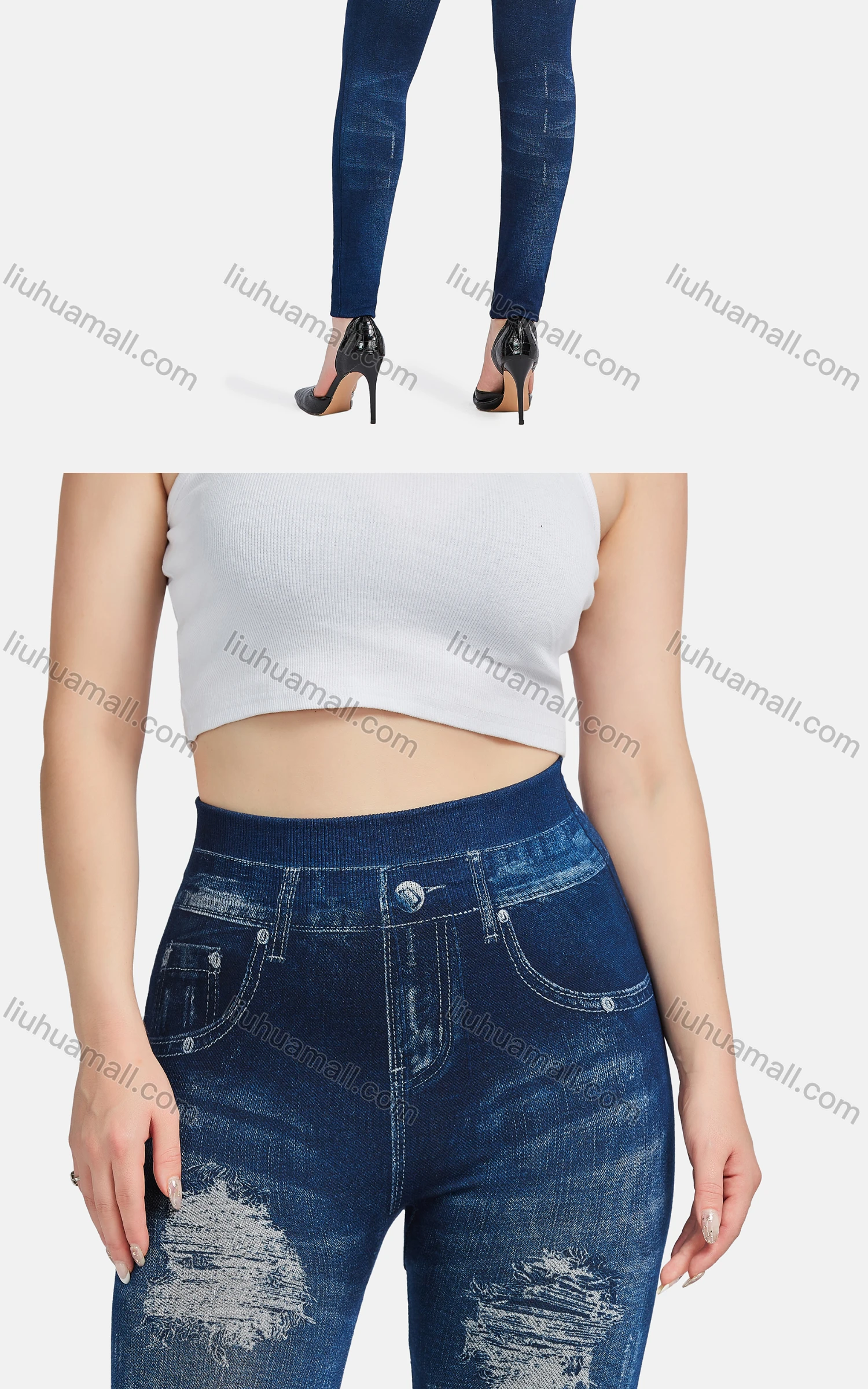 Wholesale Women's Casual High Waist Skinny Fit Ripped Distressed Jeans 7017# - Liuhuamall