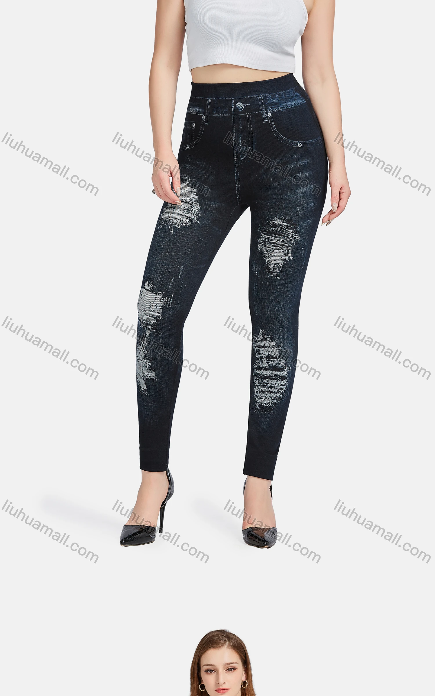 Wholesale Women's Casual High Waist Skinny Fit Ripped Distressed Jeans 7018# - Liuhuamall
